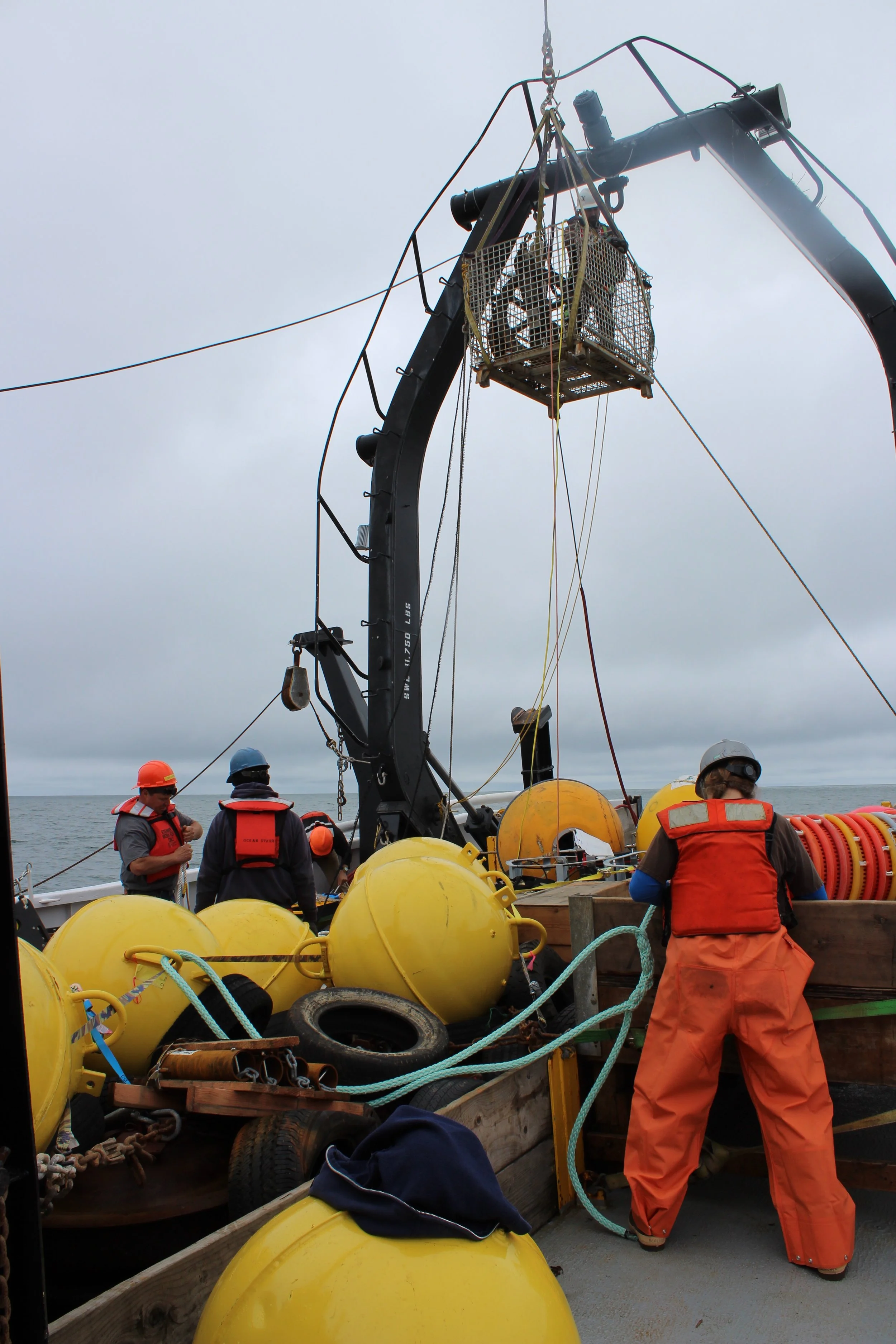 Catherine Berchok splices line for bridles of mooring buoys; Armando Urrutia repairs the A- frame; Geoff Lebon and crew prepare moorings. Photo credit: Harmony Wayner