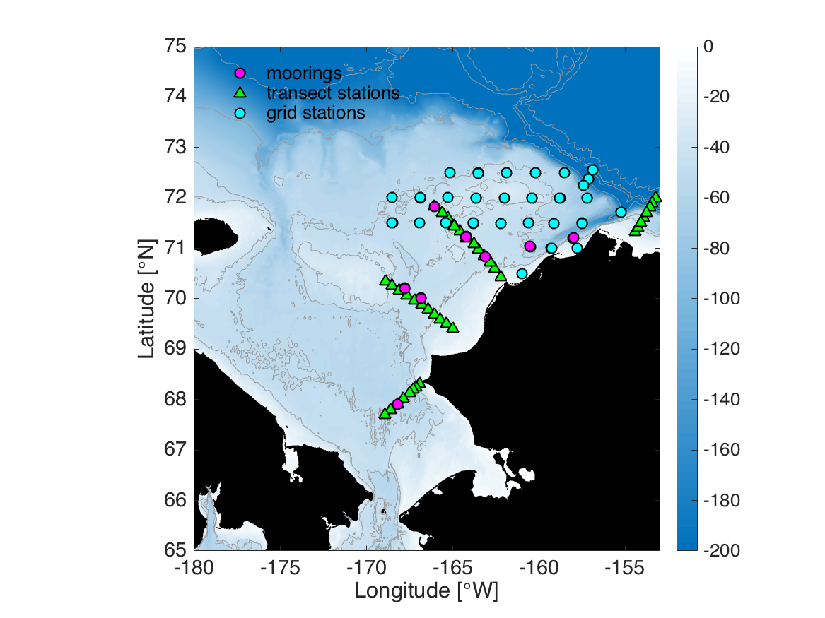 Map of sampling stations completed as of early September. Shades of blue indicate water depth in meters.