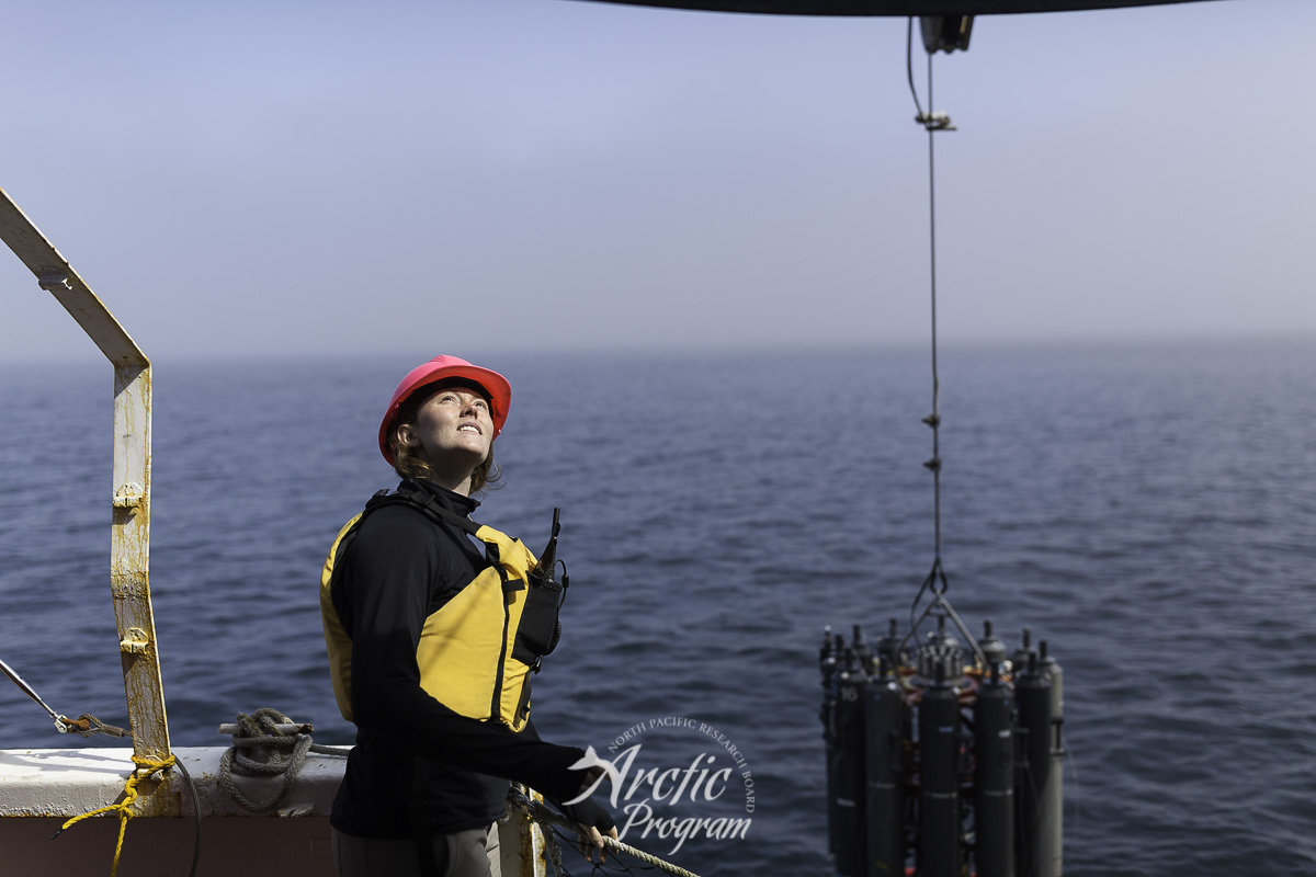Sara Donahue giving winch commands to bring up the CTD during the testing trials. Photo credit: Brendan Smith/NPRB