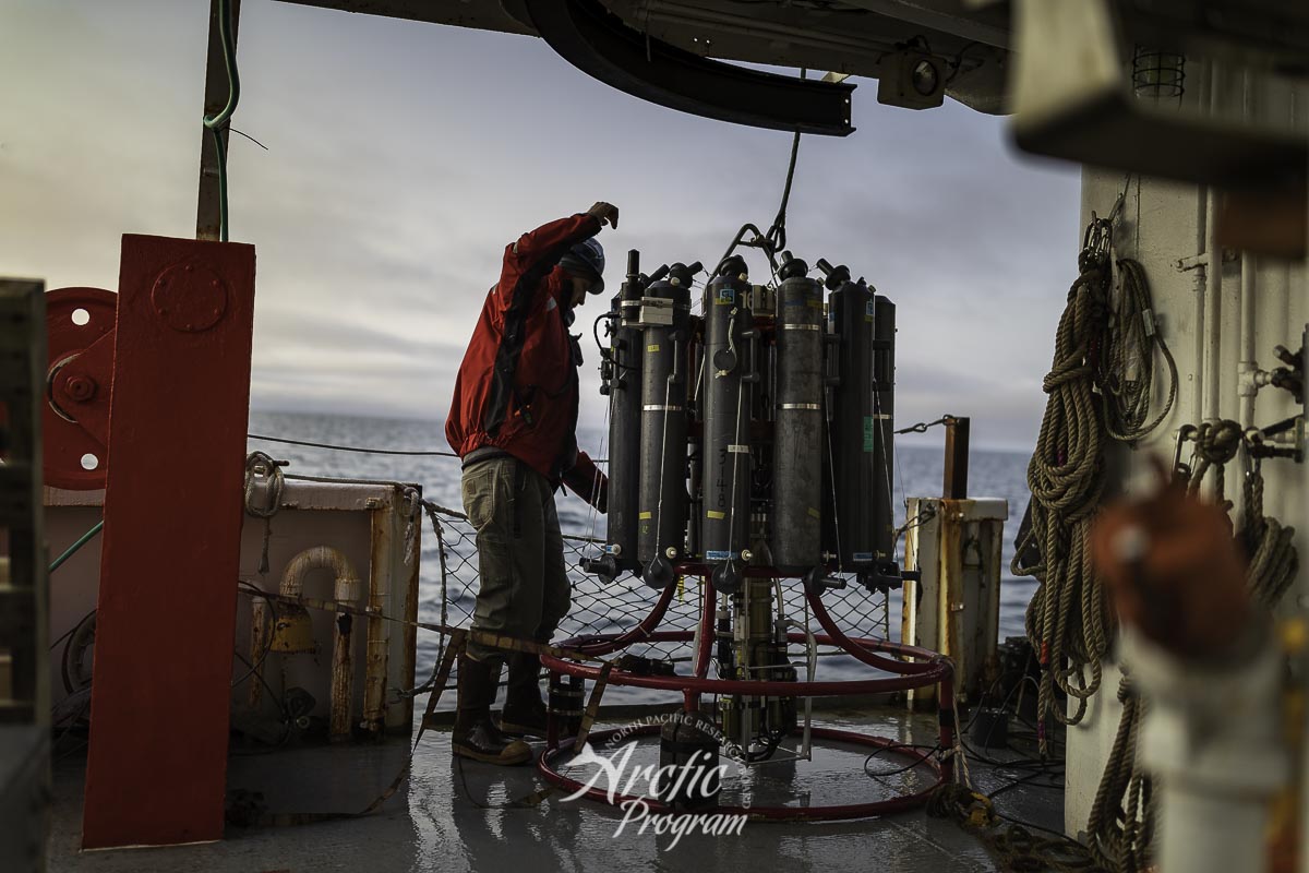 The CTD instrument used to collect water samples aboard the R/V Ocean Starr . Photo credit: Brendan Smith/NPRB
