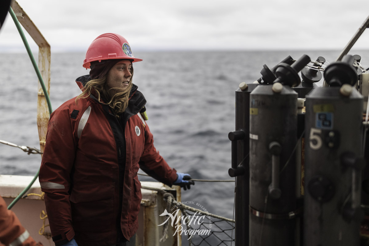 Sarah Donohoe looks off to the horizon before the CTD rosette is deployed. Photo credit: Brendan Smith/NPRB
