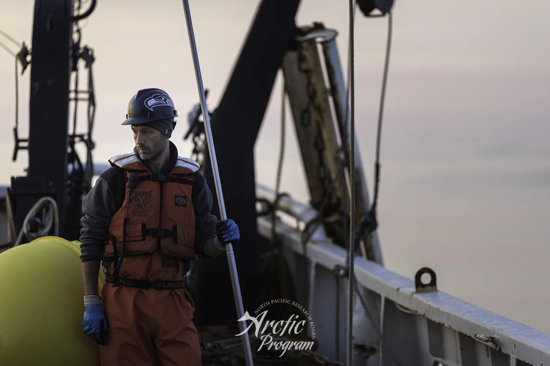 Dawn breaks on R/V Ocean Starr (0500) as Chief Scientist Ryan McCabe awaits for the release codes to be entered for releasing one of the moorings.