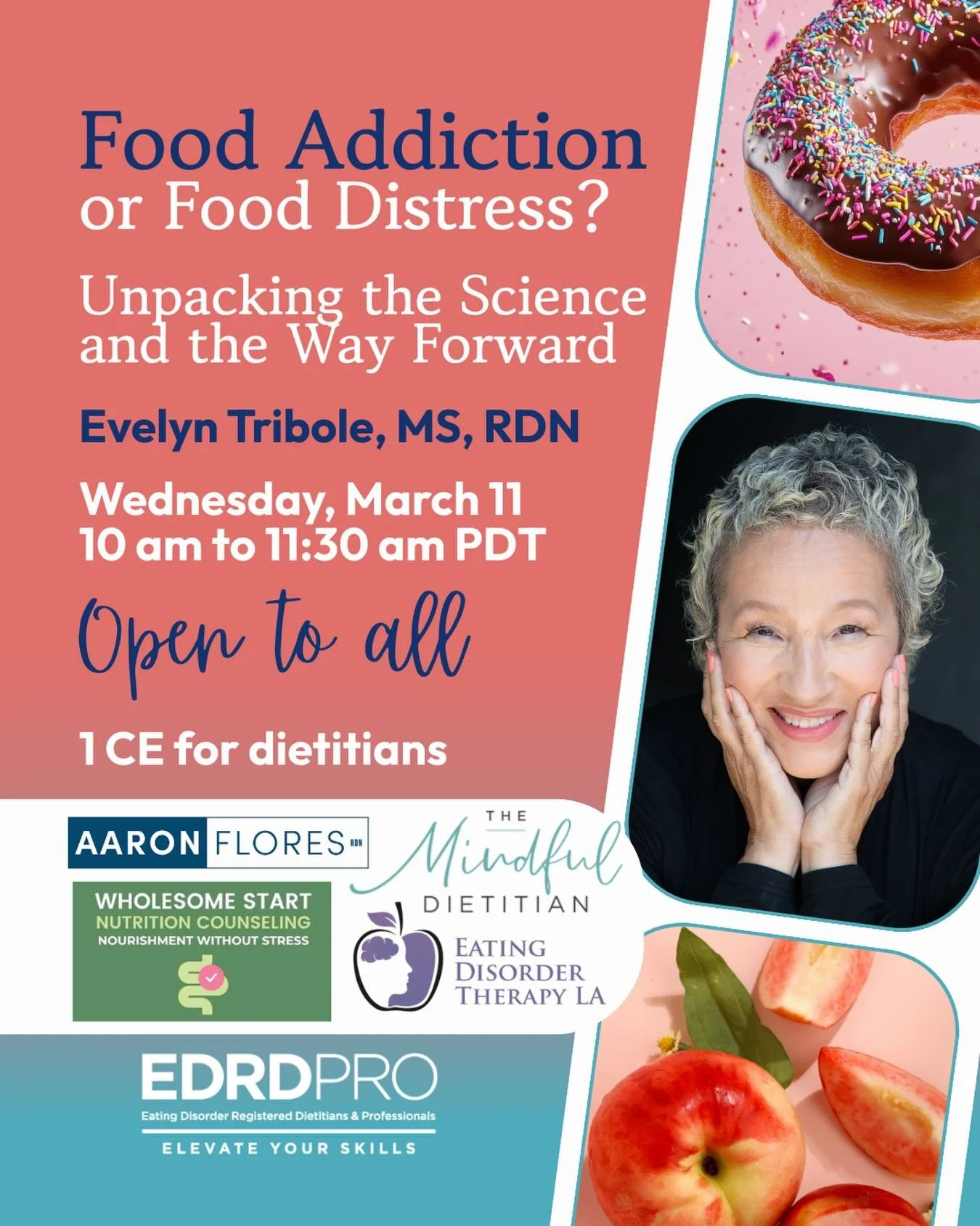 Are your patients really addicted to food or is it food distress? 
Join @edrdpro Wednesday, March 11th from 10 to 11:30 am PDT for a powerful live webinar with @evelyntribole Evelyn Tribole, MS, RDN: Food Addiction or Food Distress? Unpacking the Sci