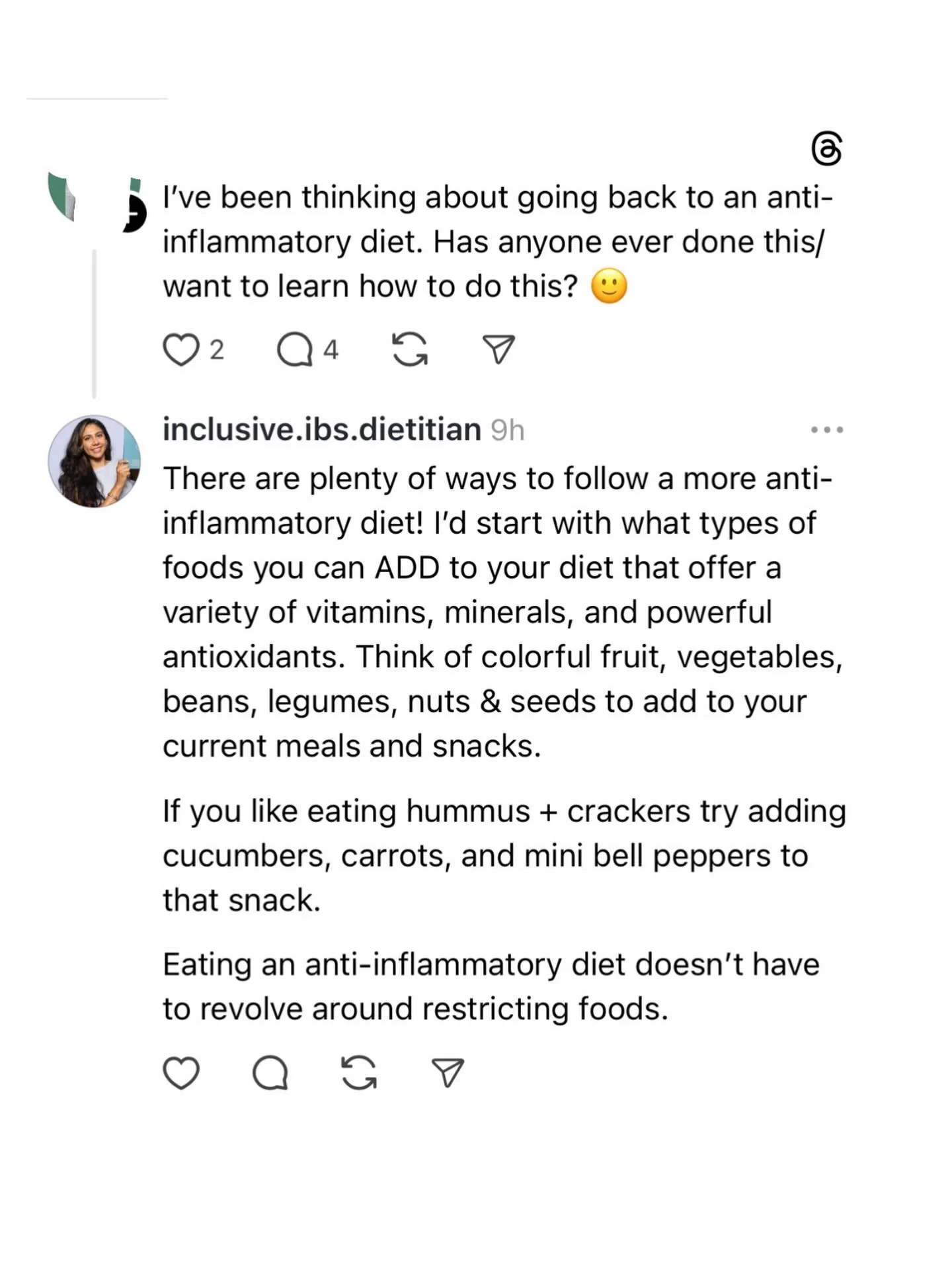 I saw someone on Threads ask about going back to an &ldquo;anti-inflammatory diet&rdquo; and I want to pause right there.👀

💁🏽&zwj;♀️ Because anti-inflammatory eating is often misunderstood as another round of cutting things out.

🙅🏽&zwj;♀️ But 