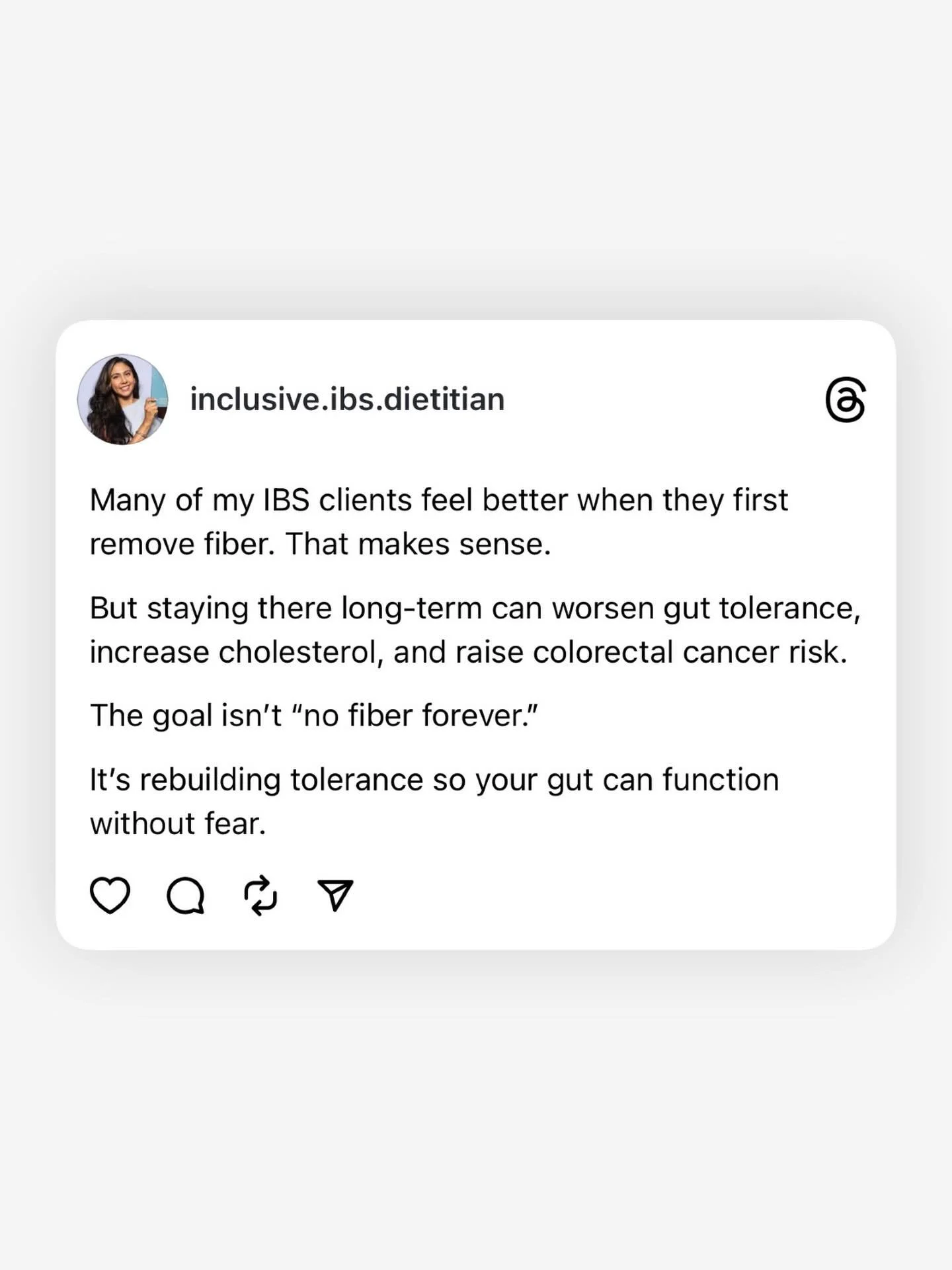 &ldquo;Cutting out fiber helped&hellip; until it didn&rsquo;t. This is the part no one talks about.&rdquo;

💁🏽&zwj;♀️ When this client first came to me, she was eating just a handful of &ldquo;safe foods&rdquo; and avoiding fiber at all costs.
 ❌ E