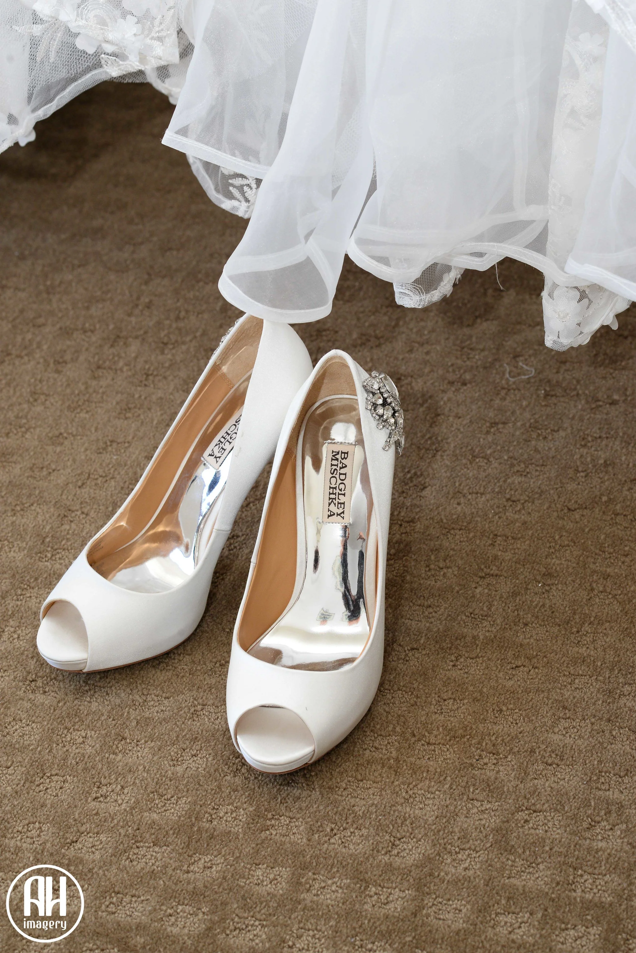 Wedding shoes and wedding dress at Watsons Bay Hotel before the wedding