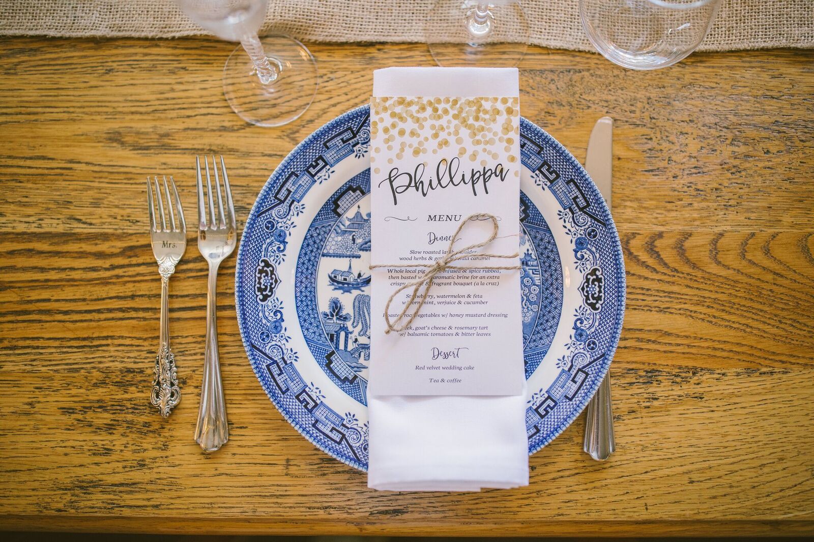Wedding menu on a blue plate