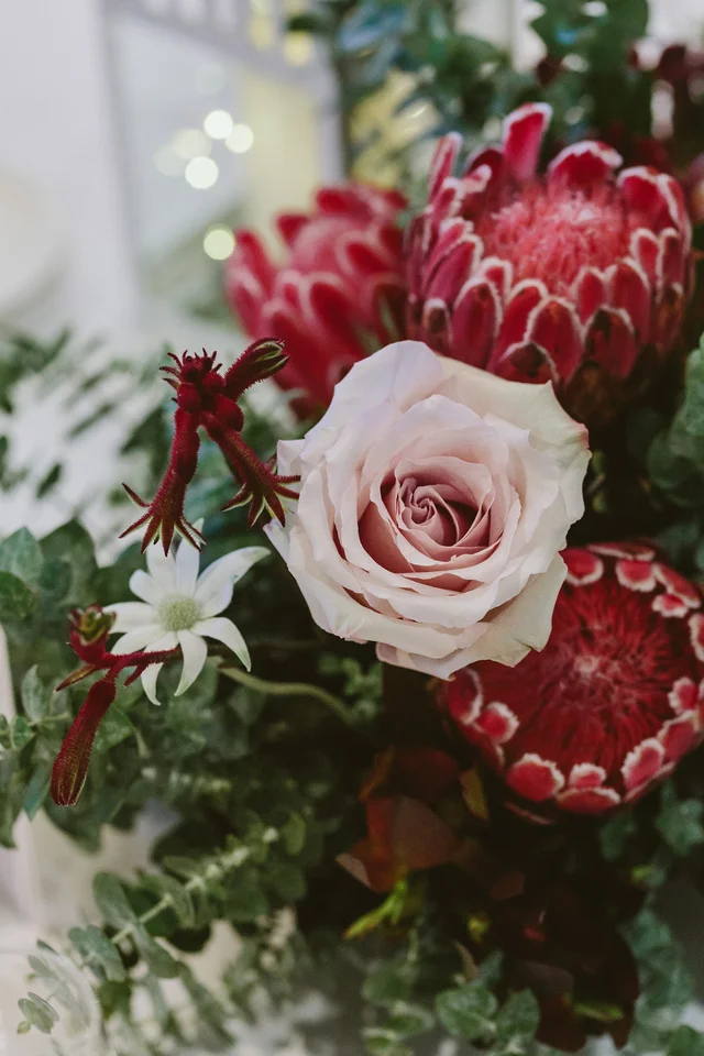 Wedding flowers. Australian natives and pink roses
