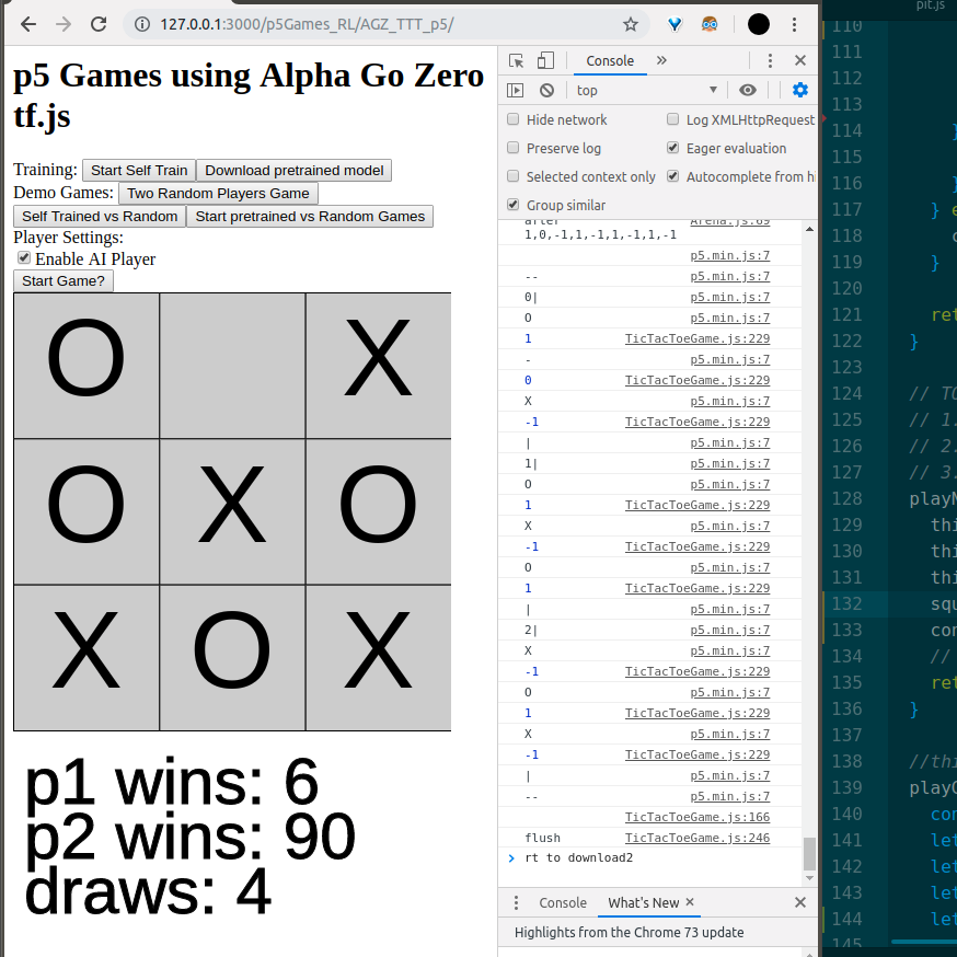 Alpha Zero General playing Tic Tac Toe in p5 using tf.js — J