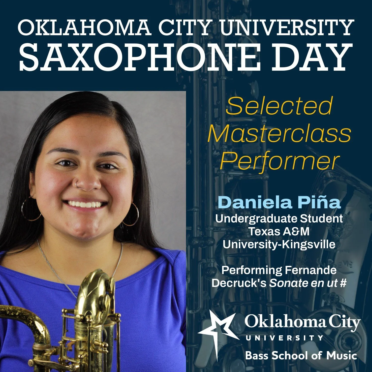 📣 ‼️ Announcing the selected Carrie Koffman masterclass performers for OCU Saxophone Day! Congratulations to the following applicants:
— Daniela Piña 
— Connor Cyrus 
— Vicente Mendoza 
— Phthalo Quartet
We can’