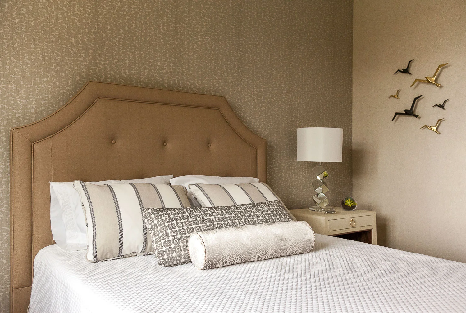 Palo Alto bedroom with white bedding and pillows. Jana Magginetti Interior Design
