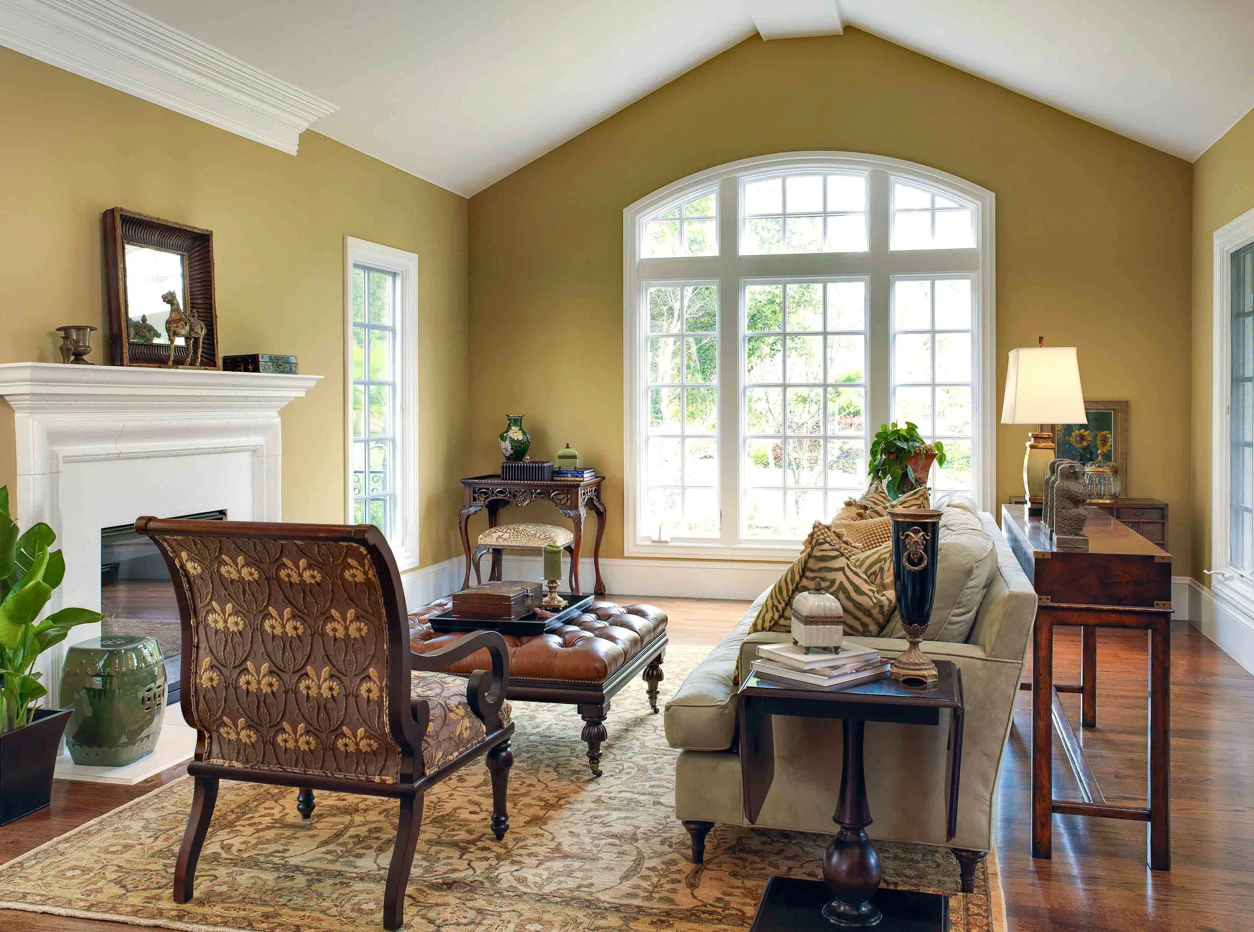 San Mateo yellow living room with fireplace. Jana Magginetti Interior Design