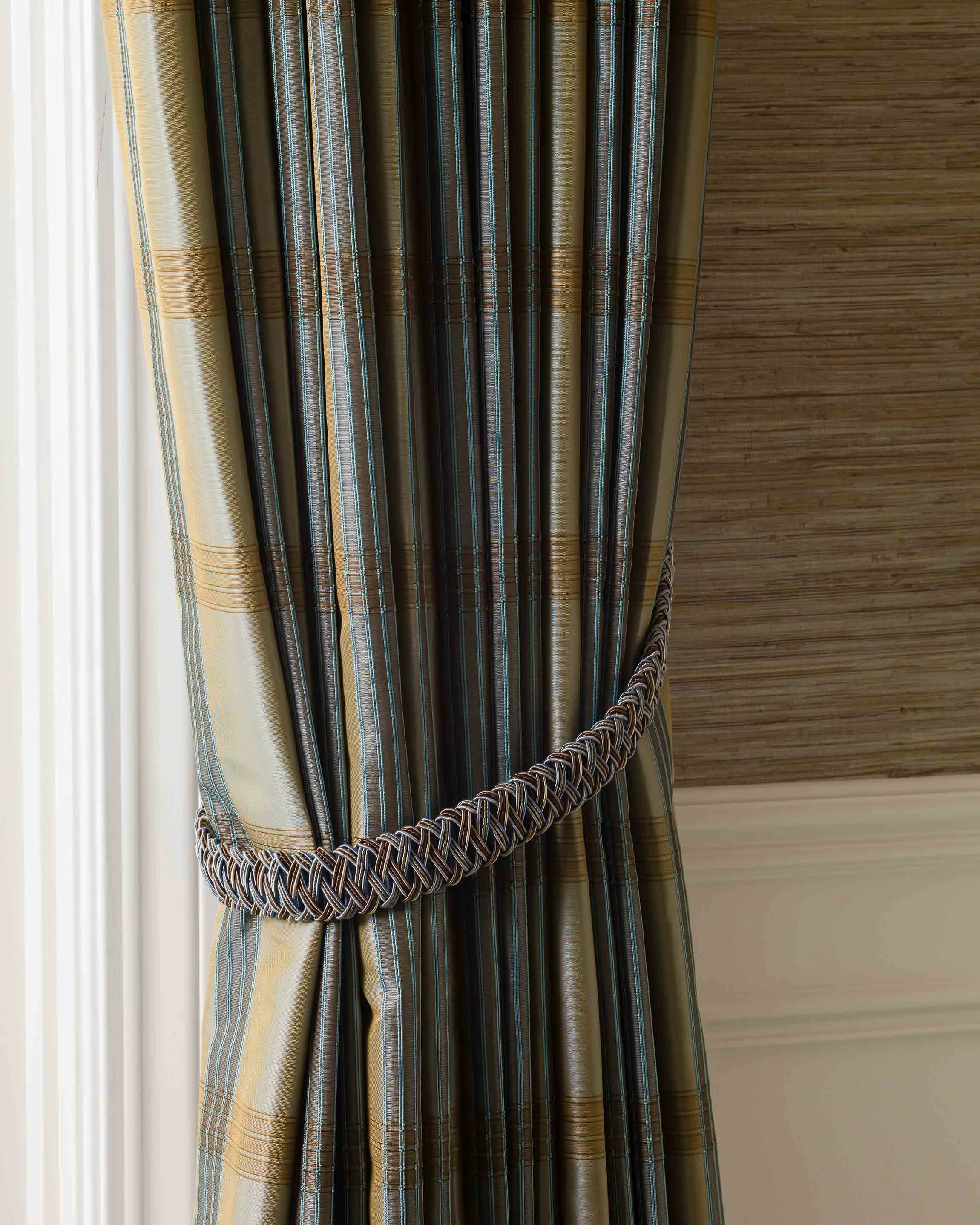 San Mateo gold and blue curtain details. Jana Magginetti Interior Design