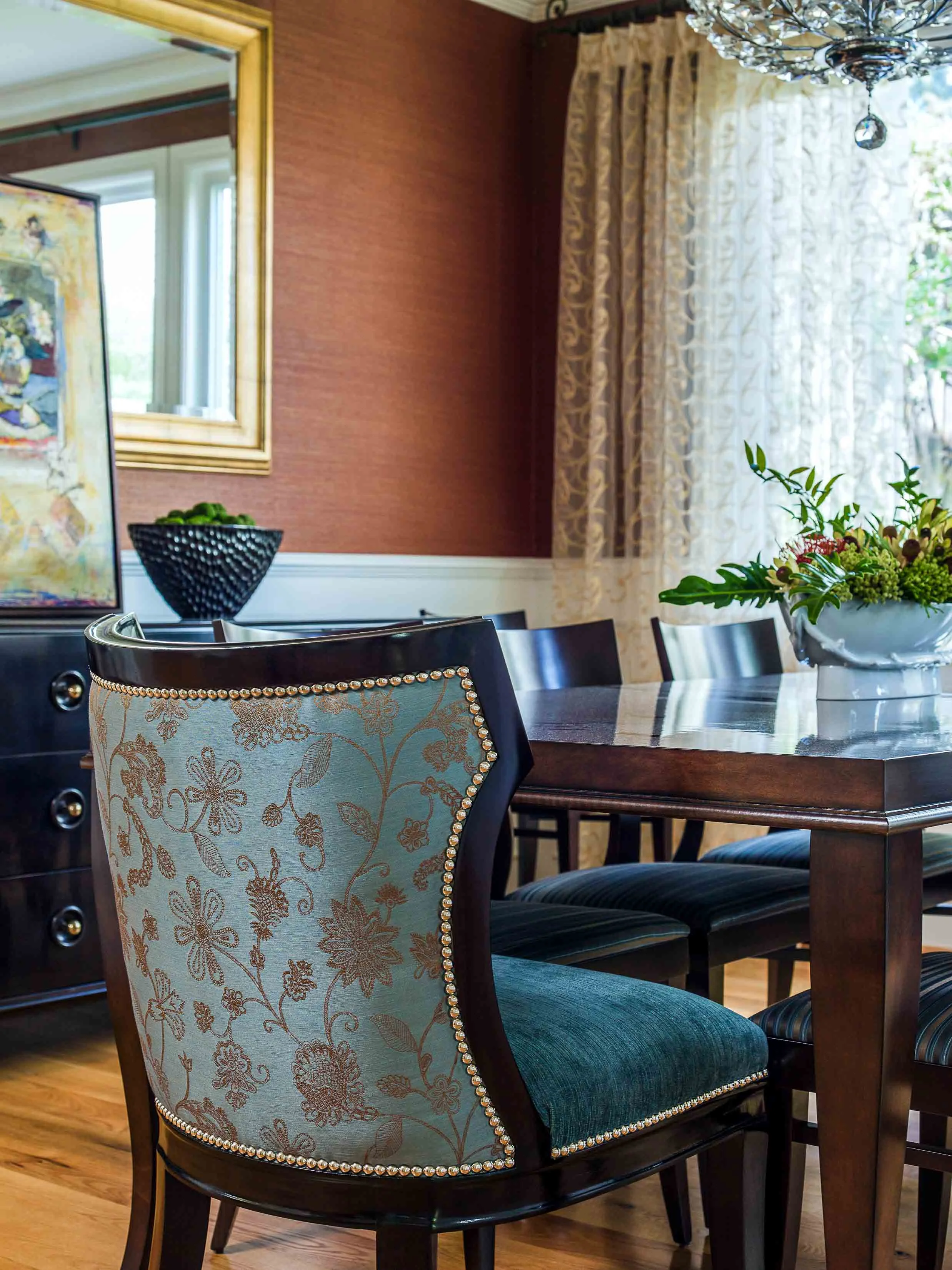 Burlingame dining room with blue and gold chair details. Jana Magginetti Interior Design