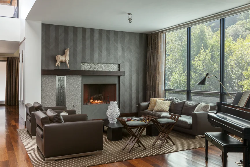 Hillsborough living room with gray wallpaper. Jana Magginetti Interior Design