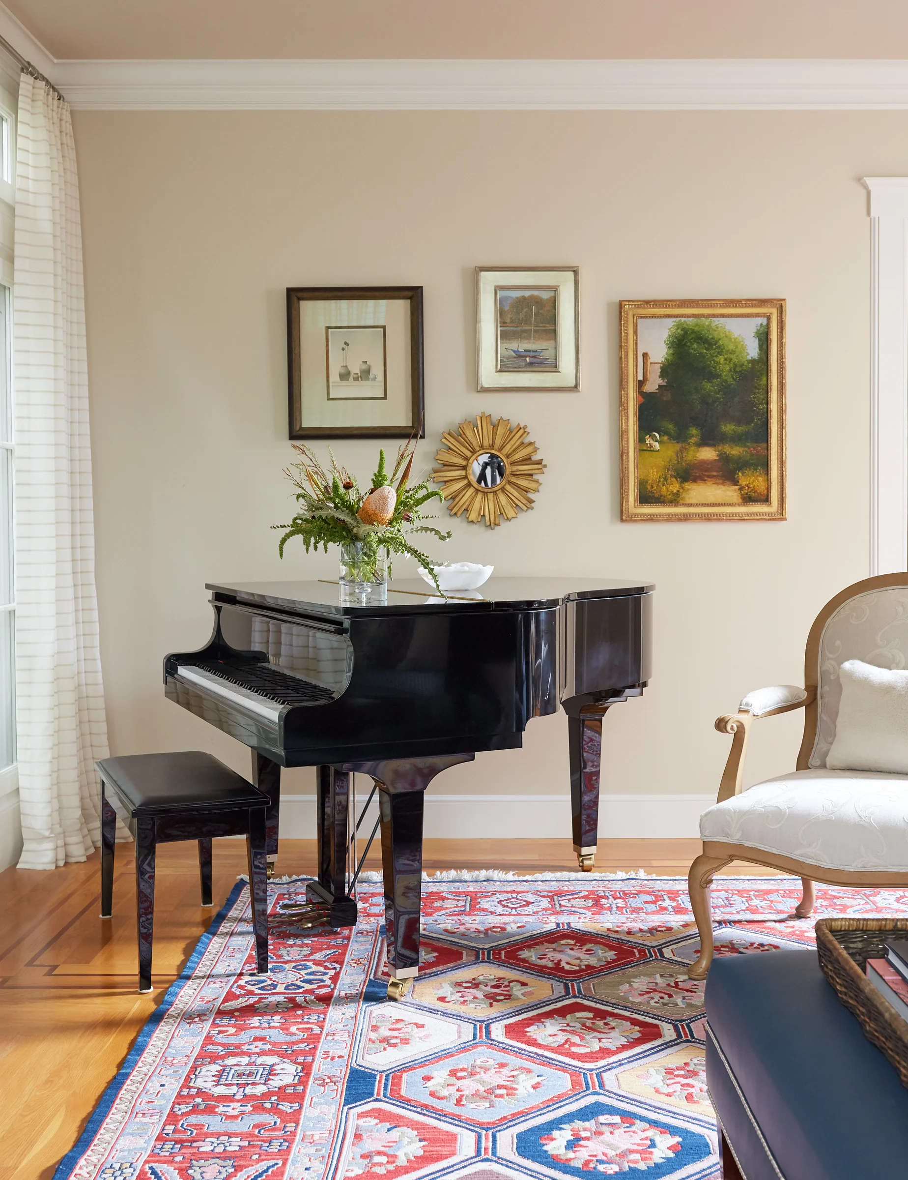 We reframed a traditional piece bought on a trip to Carmel and added some lovely small works to compliment it, hanging them gallery style.