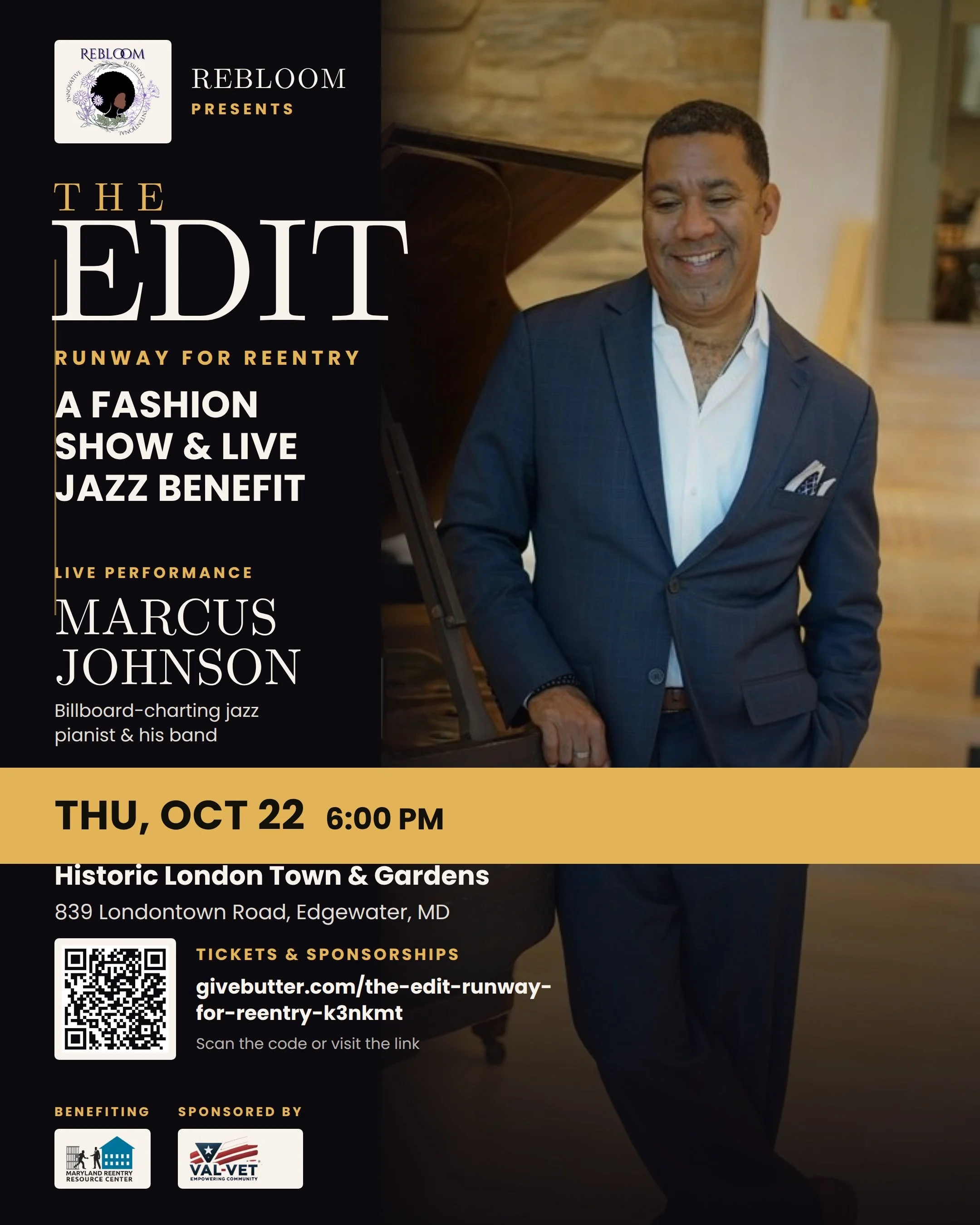 The Edit: Runway for Reentry — fashion show and live jazz benefit with Marcus Johnson, October 22, 2026, Historic London Town & Gardens