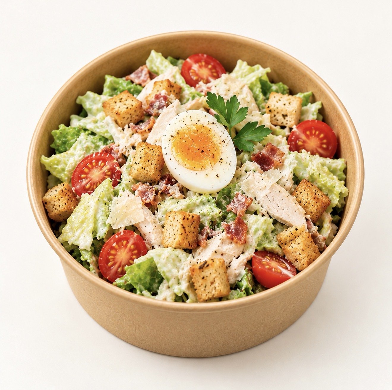 Fresh chicken Caesar salad with egg, lettuce and croutons