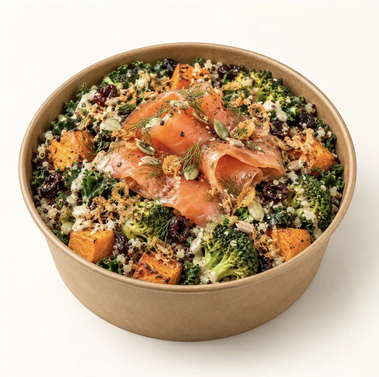 Smoked salmon salad with quinoa and roasted vegetables