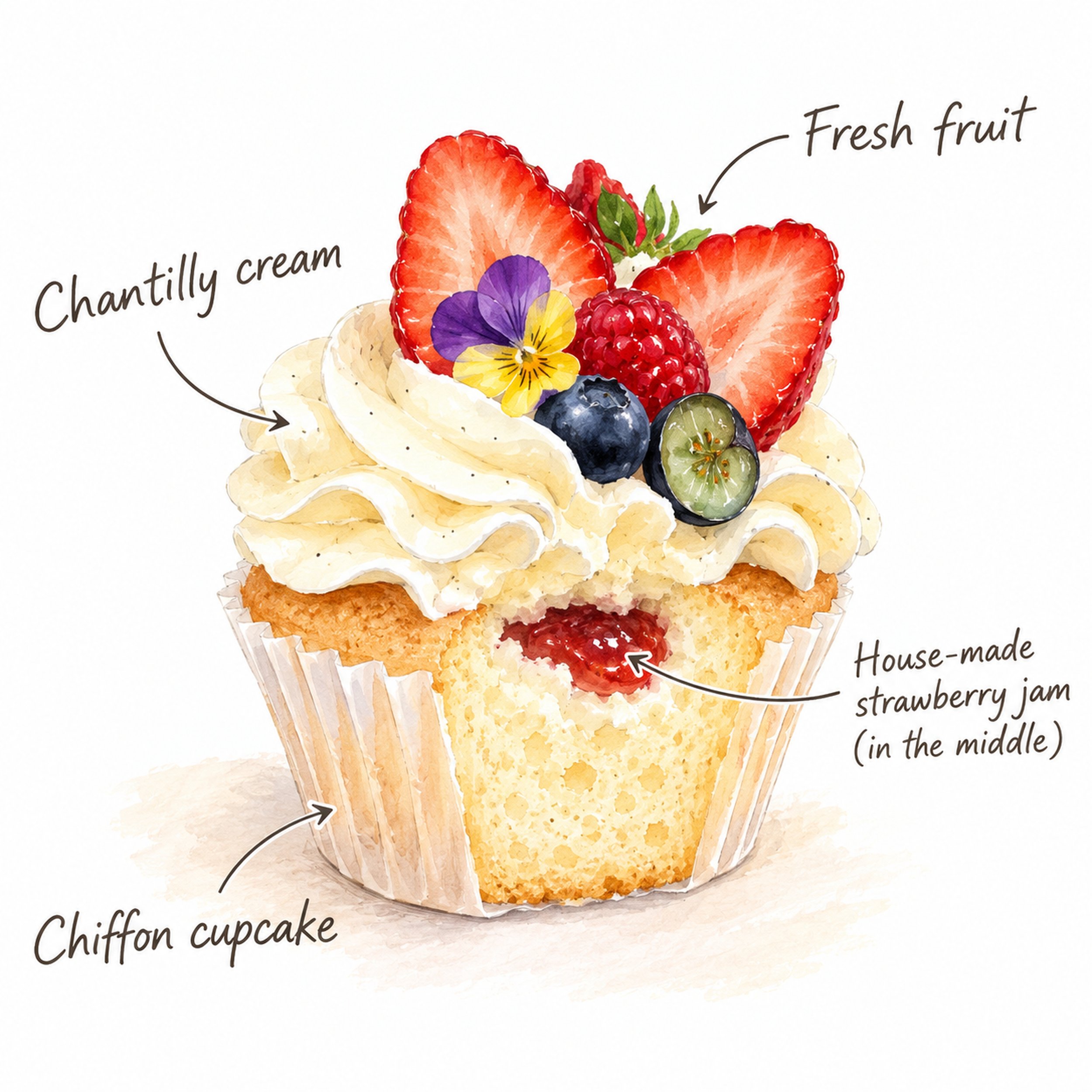 Hand-drawn illustration of a chiffon cupcake with Chantilly cream, house-made strawberry jam filling and fresh fruit