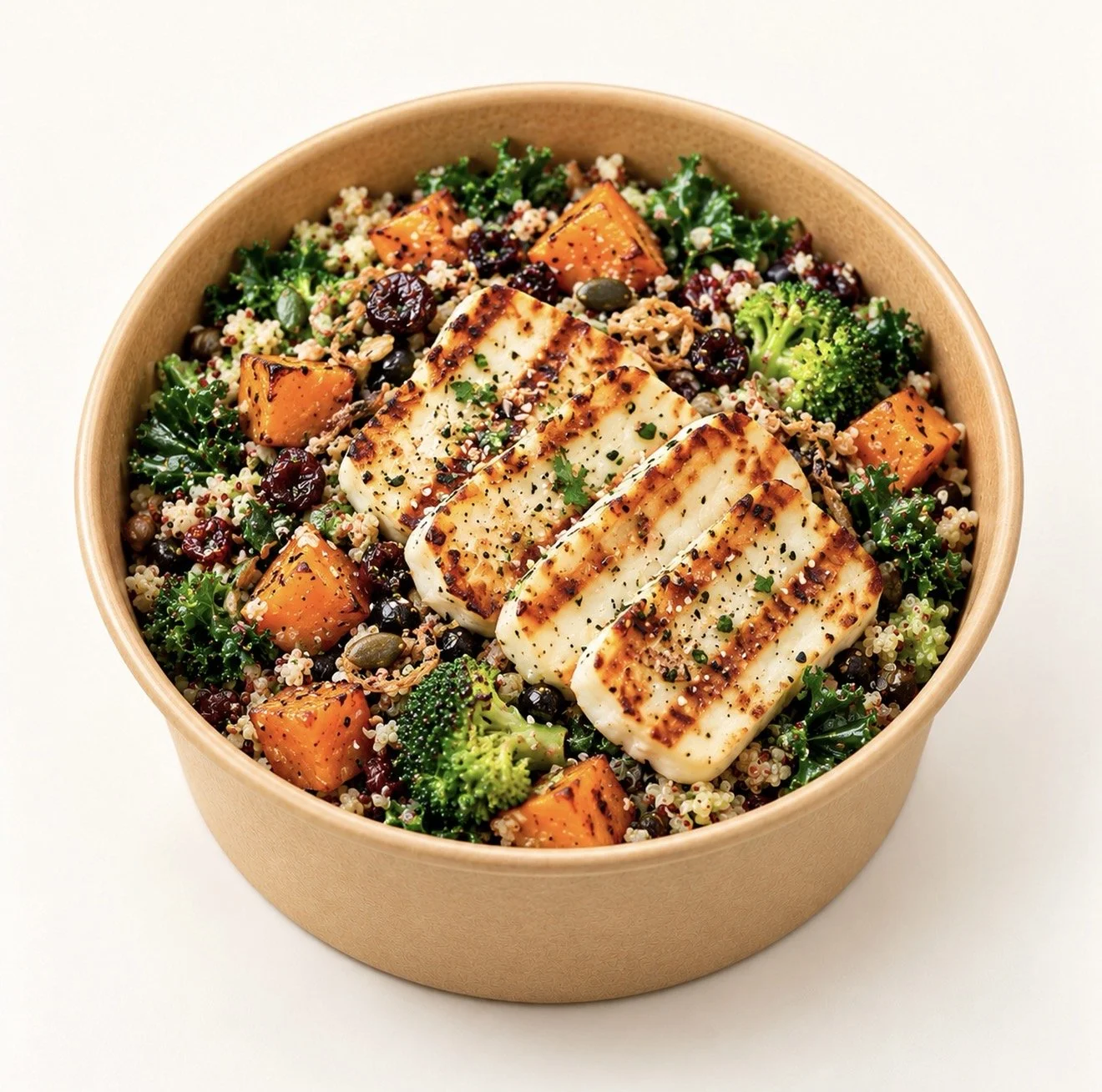 Grilled halloumi salad with quinoa and roasted vegetables