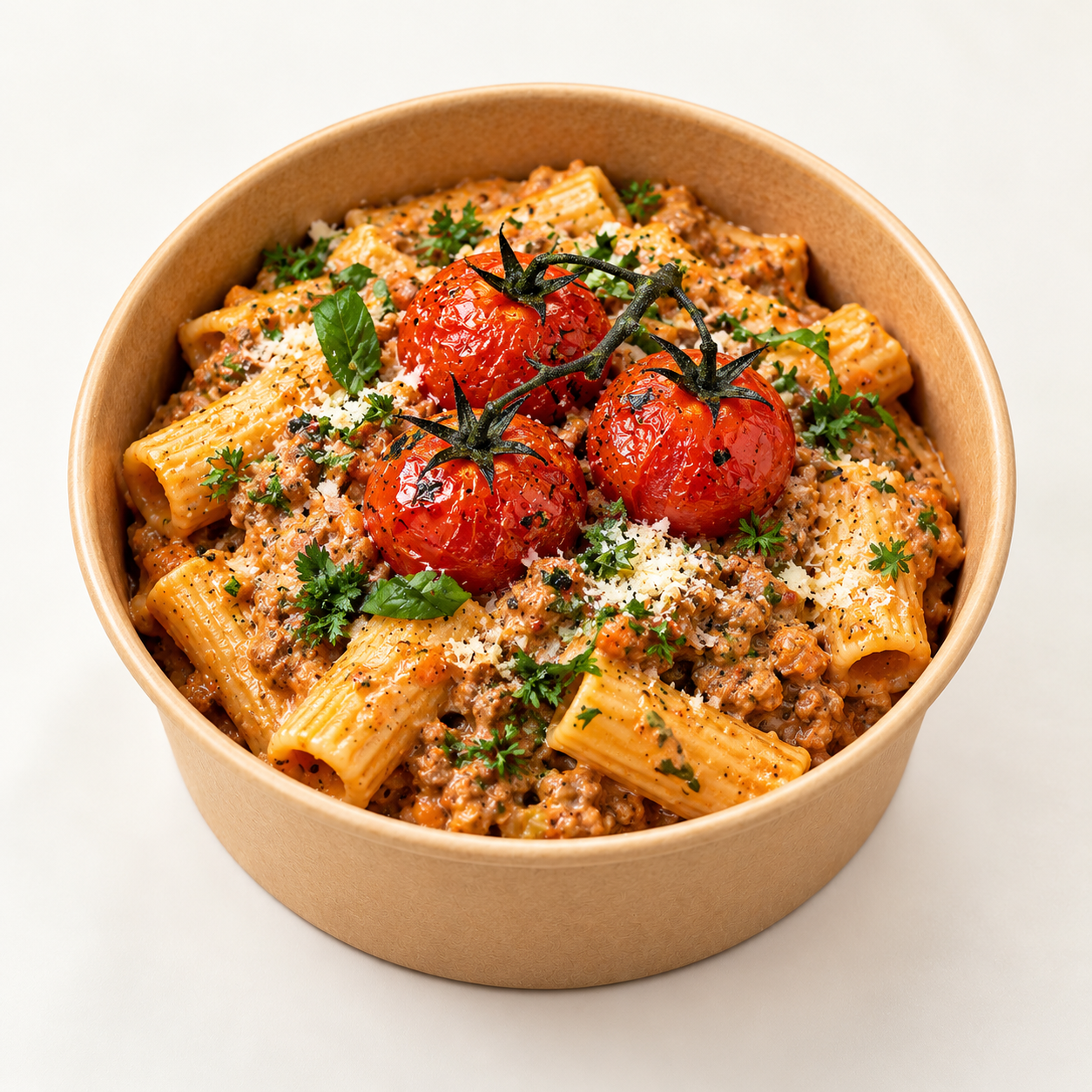 Creamy rigatoni bolognese topped with three roasted cherry truss tomatoes, Parmesan and fresh herbs, served in a takeaway bowl at Light Years Café.