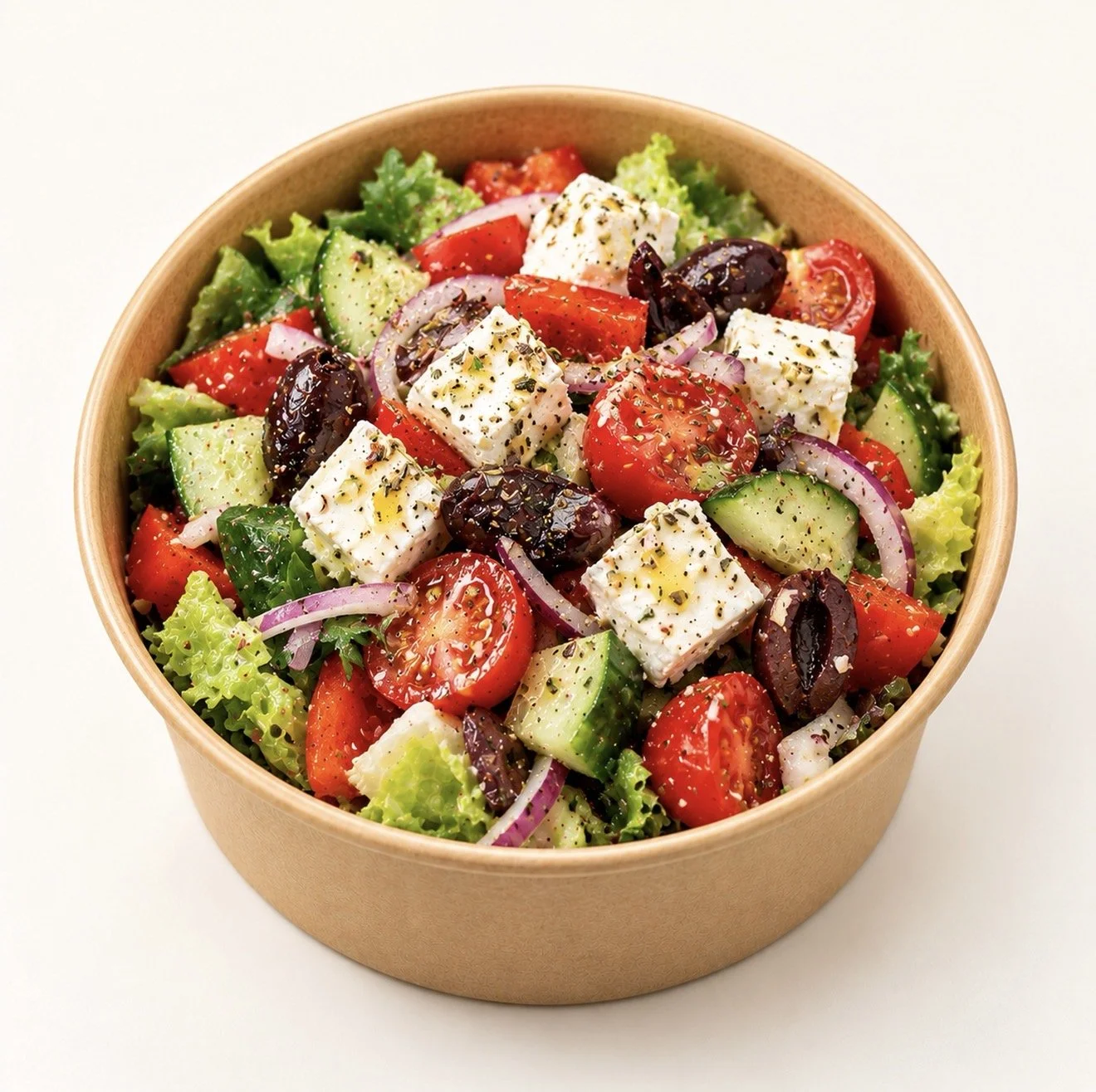 Greek-style salad with feta, tomatoes, cucumber and olives