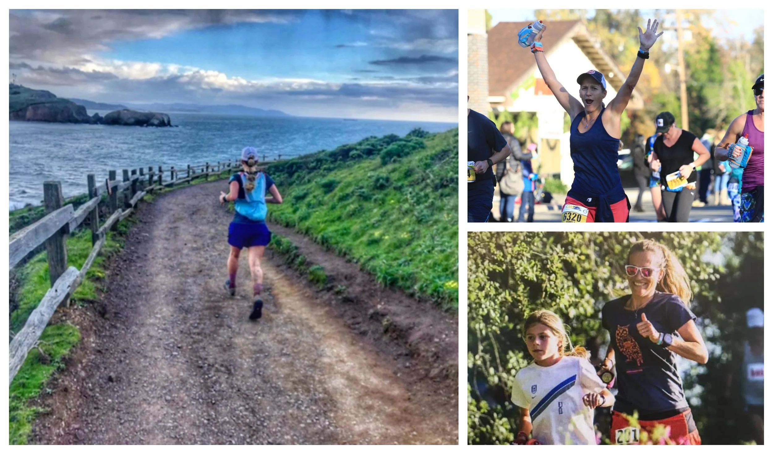 bottom right, Pamela runs with her daughter on her first 5k.