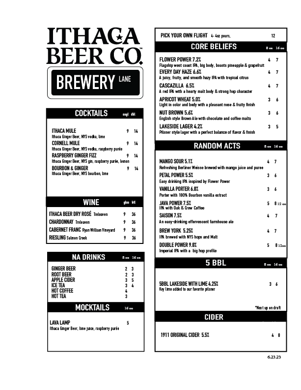 Taproom Brewery menu — ITHACA BEER
