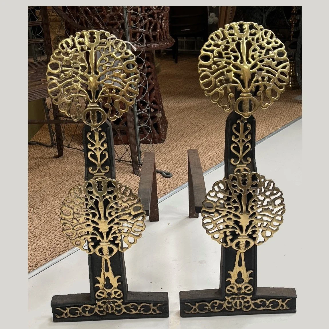 4588 Pair of 20thc Haddon Hallesque brass andirons Web.jpg