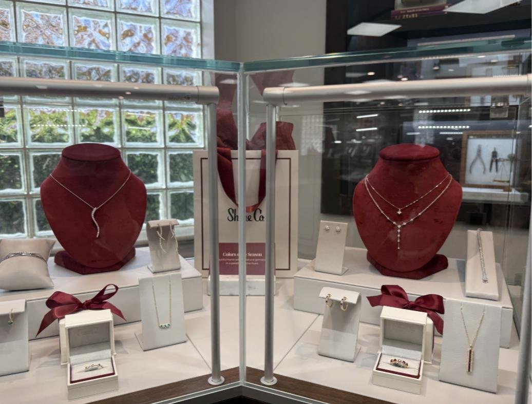 Custom burgundy velvet jewelry display forms with, holiday retail display, Shane Co