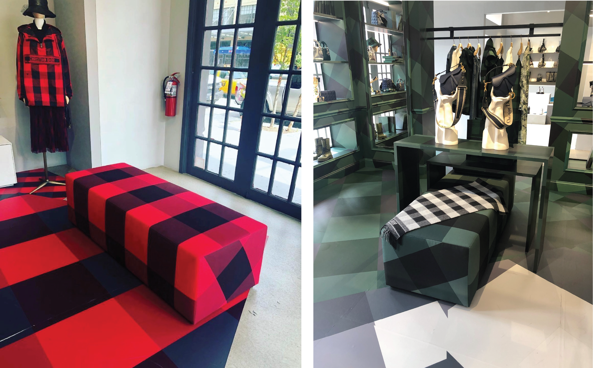 Custom printed buffalo check upholstered ottomans, holiday retail display fabrication, Christian Dior