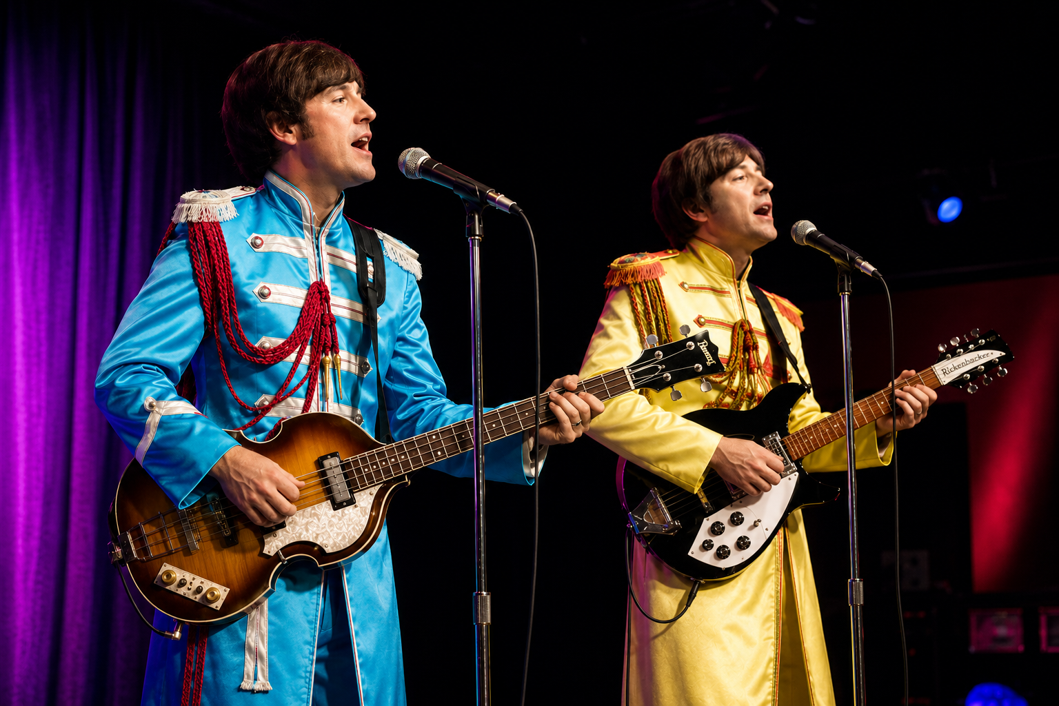 Just John & Paul Beatles tribute performing on stage Sgt. Pepper look