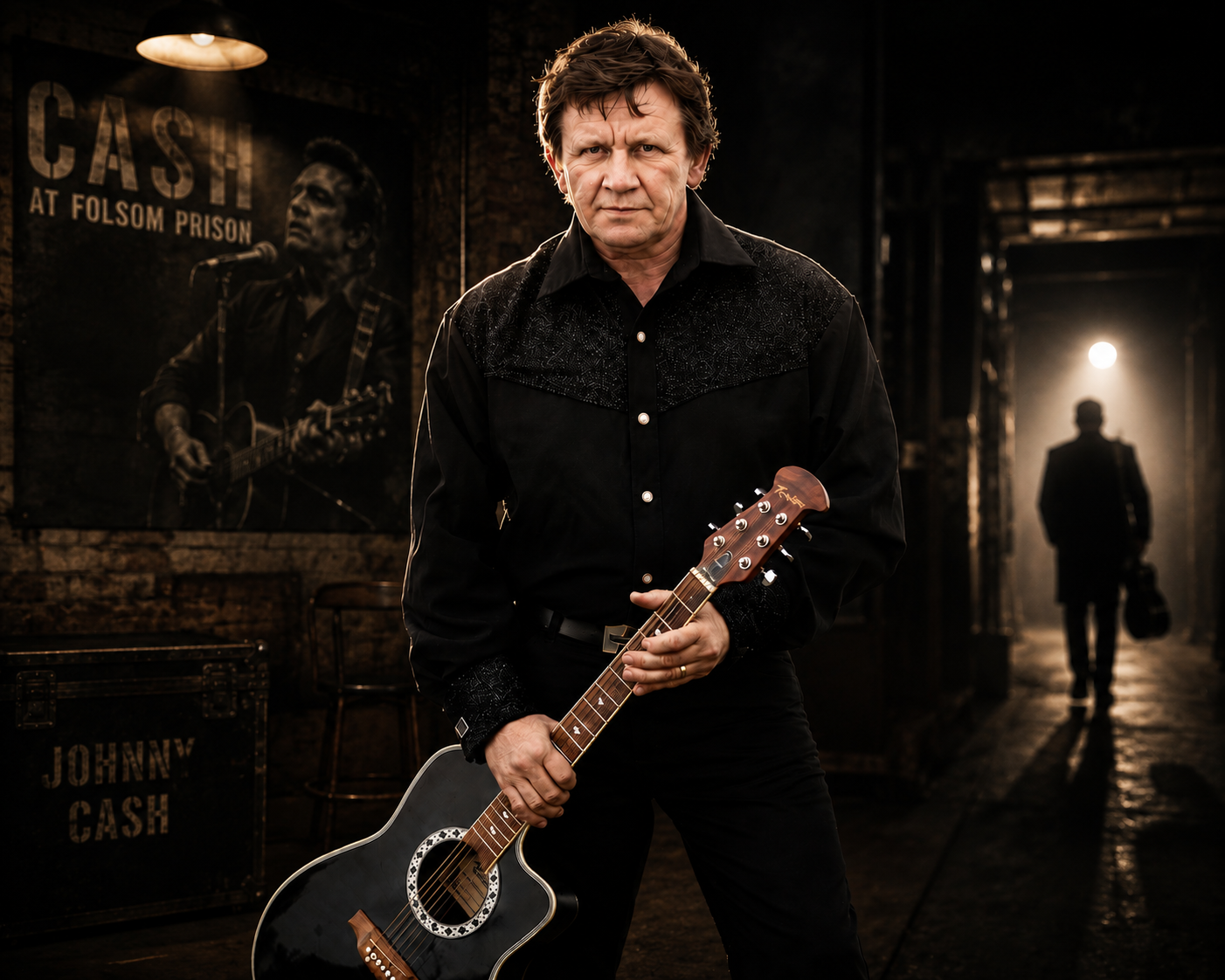 Tom Scott as Johnny Cash holding guitar