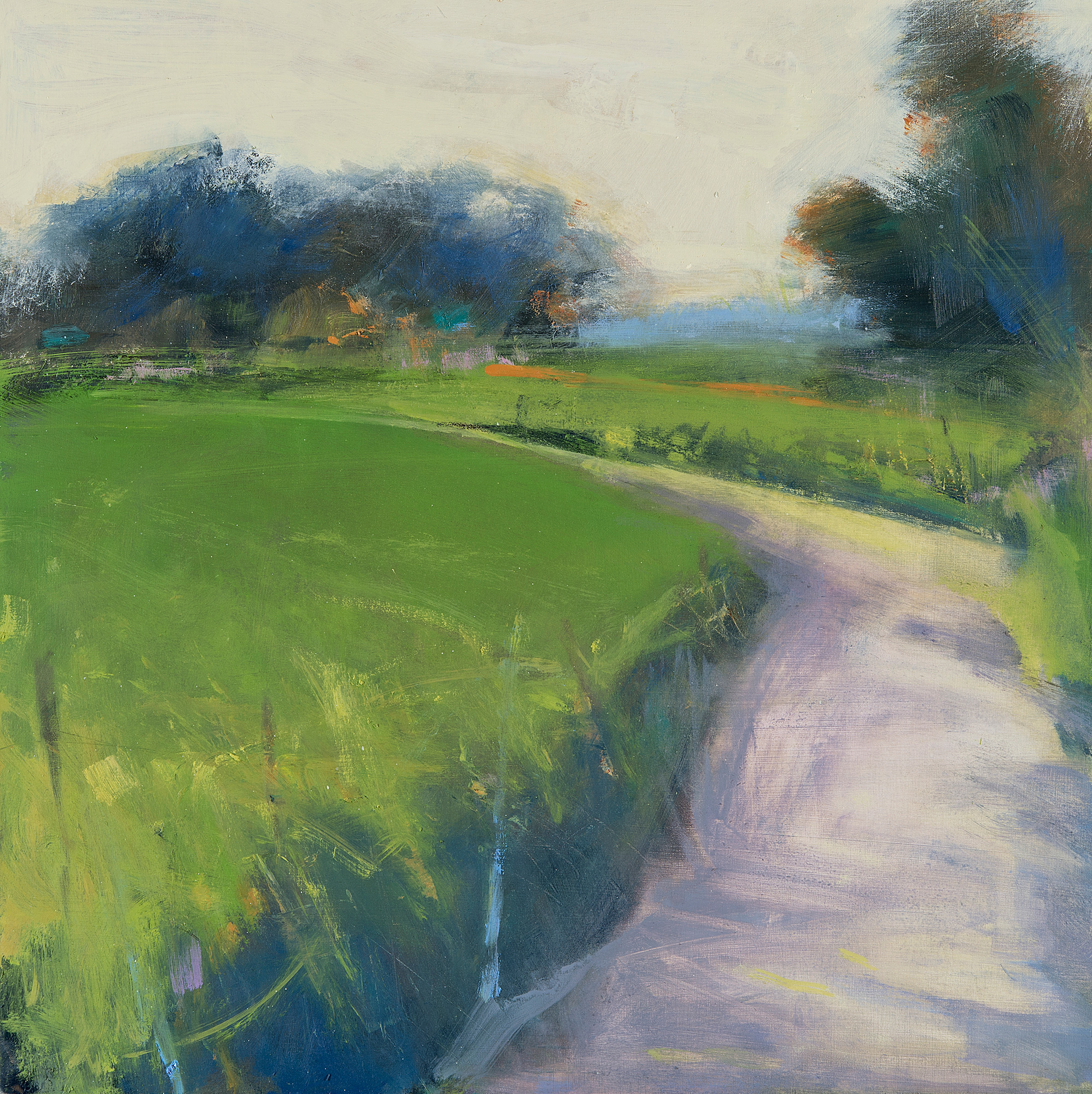 Late Sun, Long Shadows, Country Lane. Oil on board. 45 x 45cm Sold