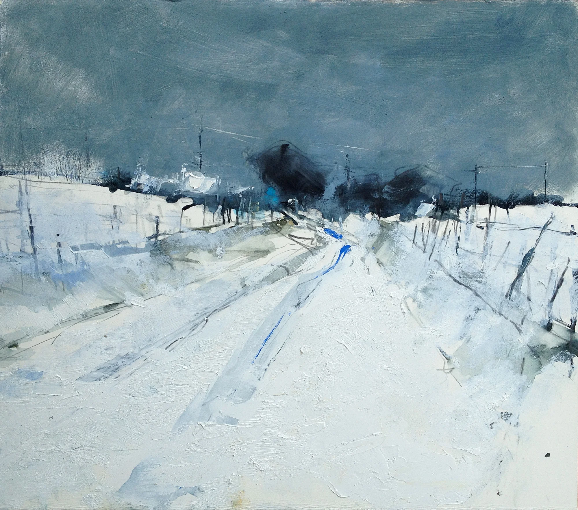 Snow Study, Cornish Farm. Graphite, oil, watercolour and gesso on paper. 39 x 44cm Sold