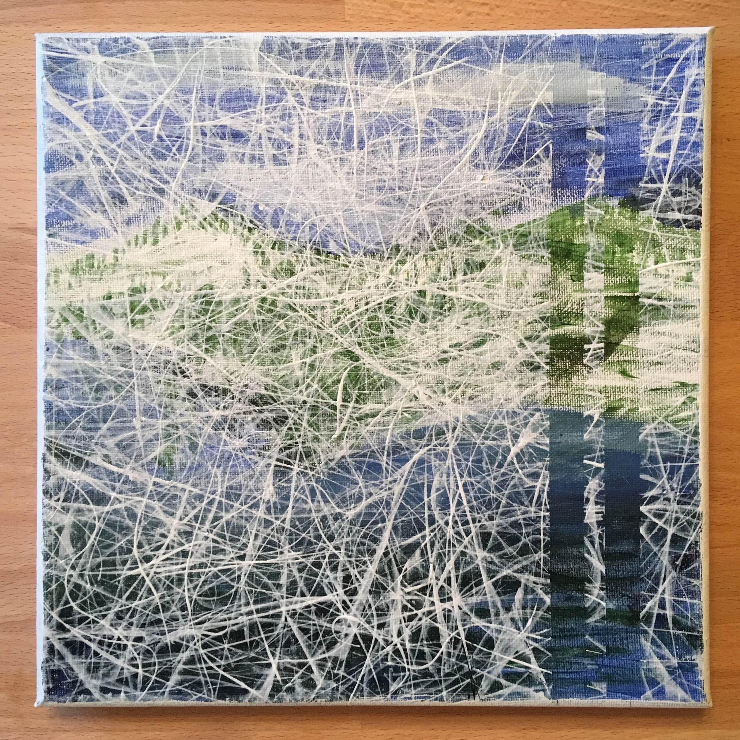 Mountains through needles of Pine: 8x8”  Mixed Acrylic