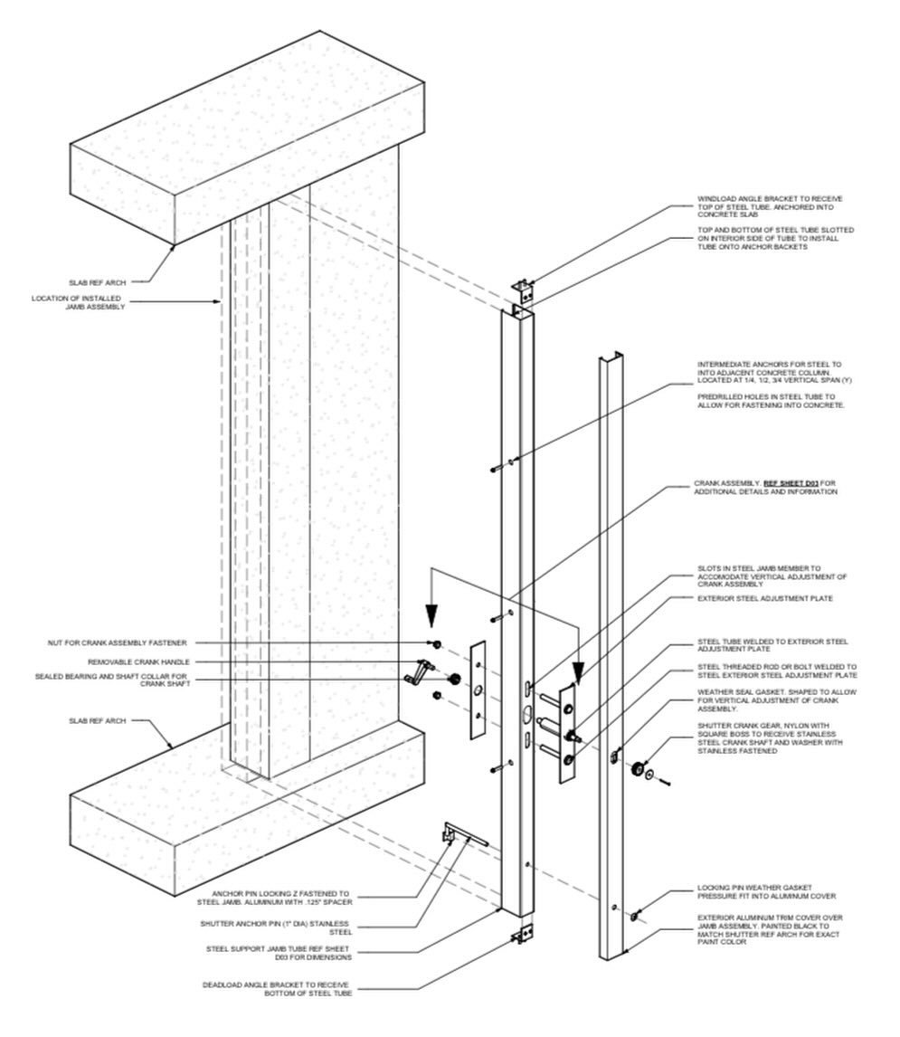 Baja Residence Custom Hurricane Shutter. Detailing the jamb condition for manual operation of the shutter panel from the inside of the residence. Exploded axons are always fun. 
.
.
.
#facade #facadedetail #facadelyfe #facadearchitect #facadespeciali