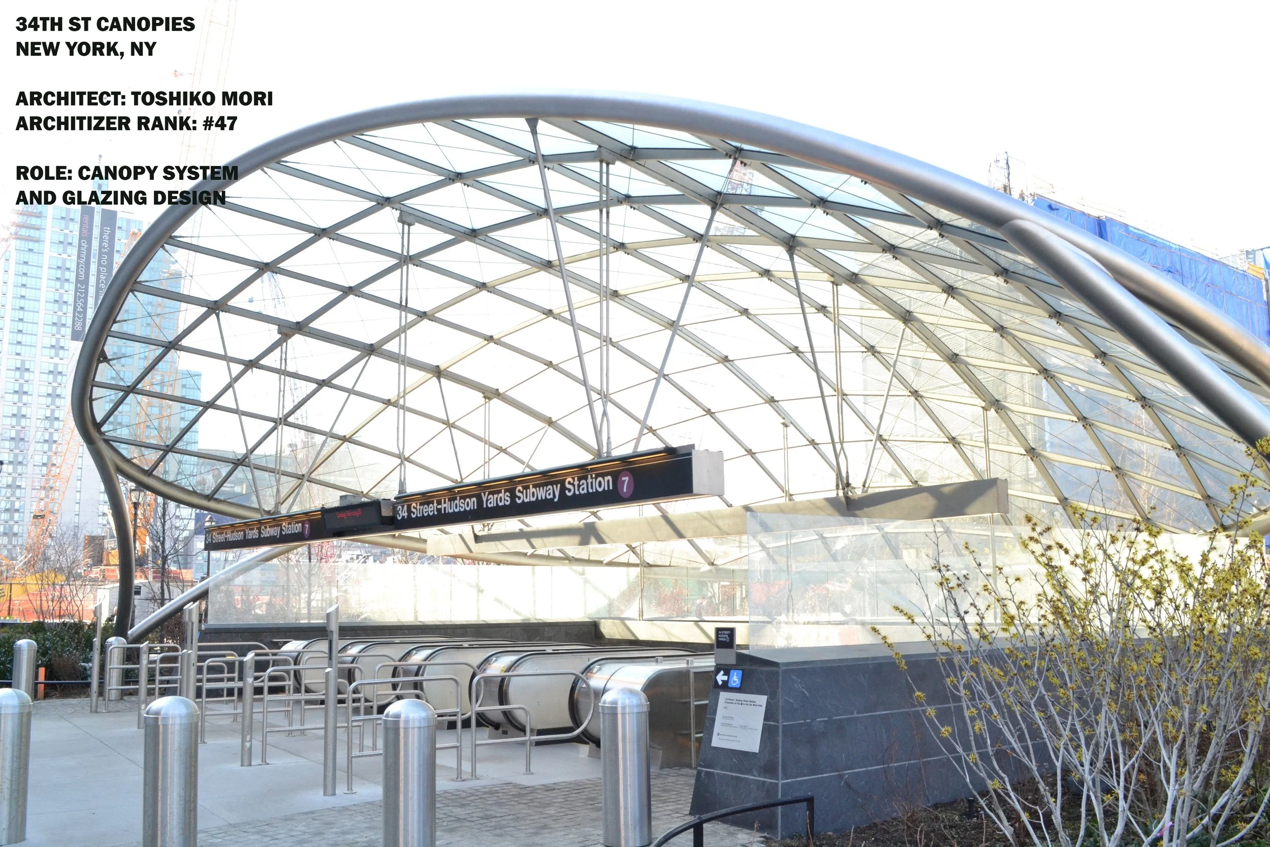 Architizer&rsquo;s top 100 architects for 2026 continued: Today is number 47: Toshiko Mori and their 34th Street MTA Canopies in Manhattan.

TJOA partner, Alex Worden worked on the canopy system and glazing design for fabrication for both canopies us