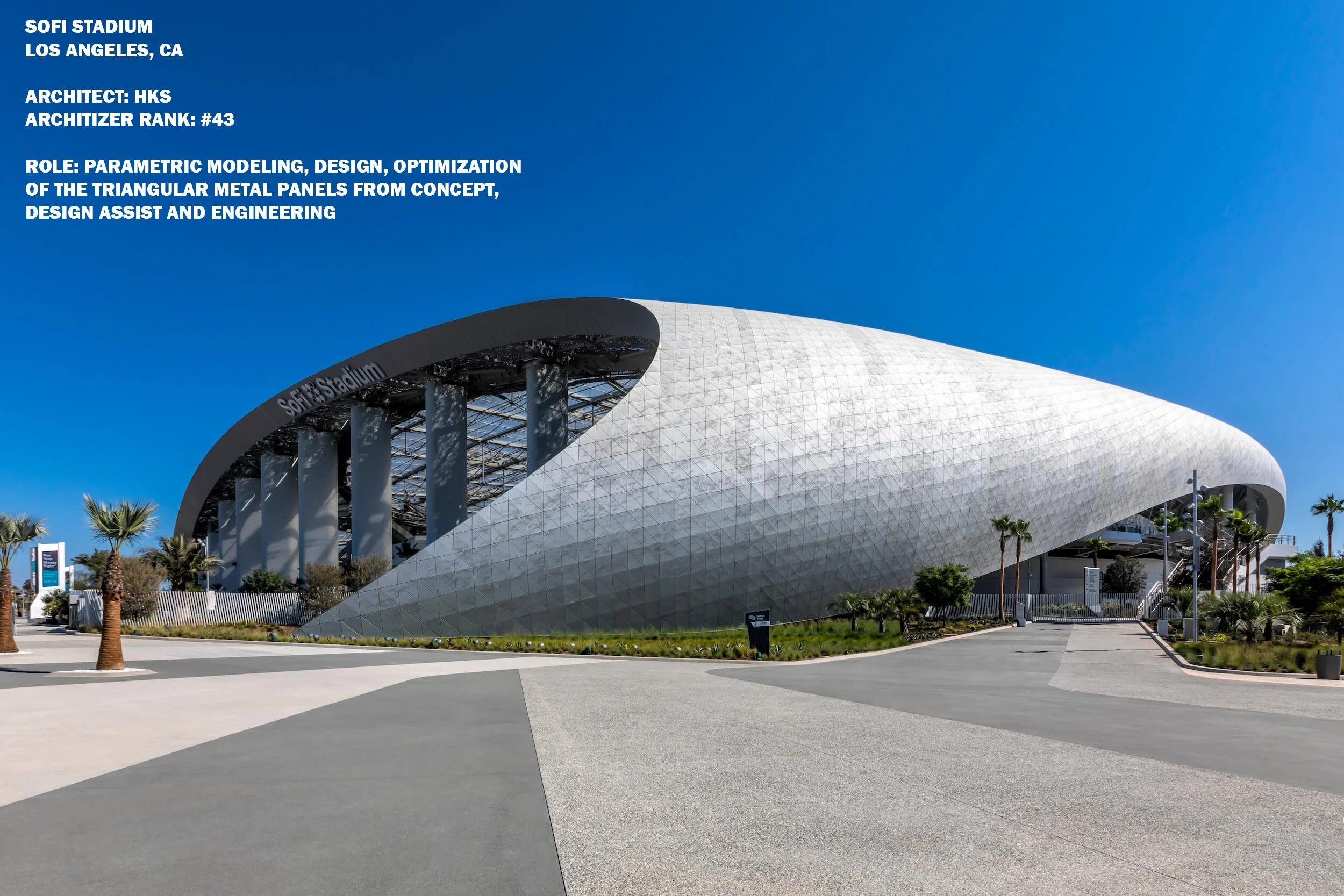 Architizer&rsquo;s top 100 architects for 2026 continued: Today is number 43: HKS and the SoFi Stadium in Ingelwood, CA.

Prior to TJOA, Alex Worden worked with HKS Line, Zahner and was responsible for the overall pattern development, generation and 