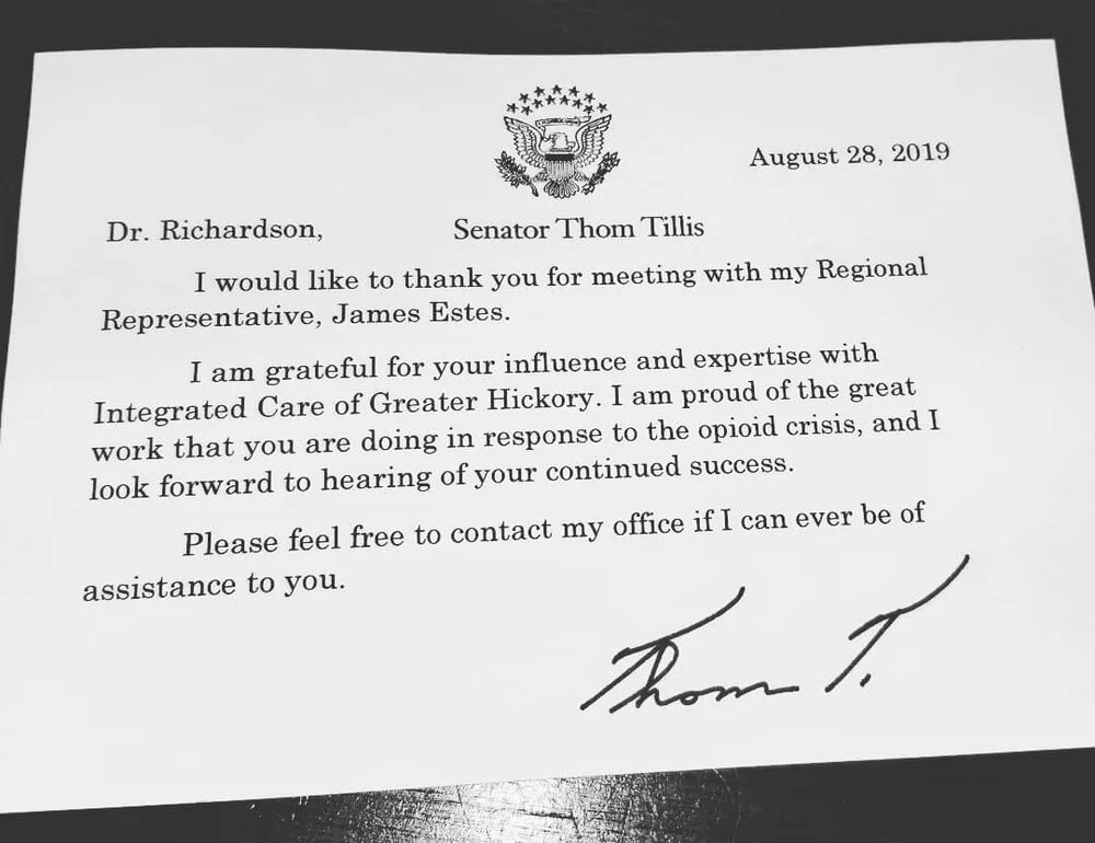 Integrated Care of Greater Hickory is proud to partner with Senator Tillis and staff to fight the current opioid epidemic and improve the lives of North Carolinians.