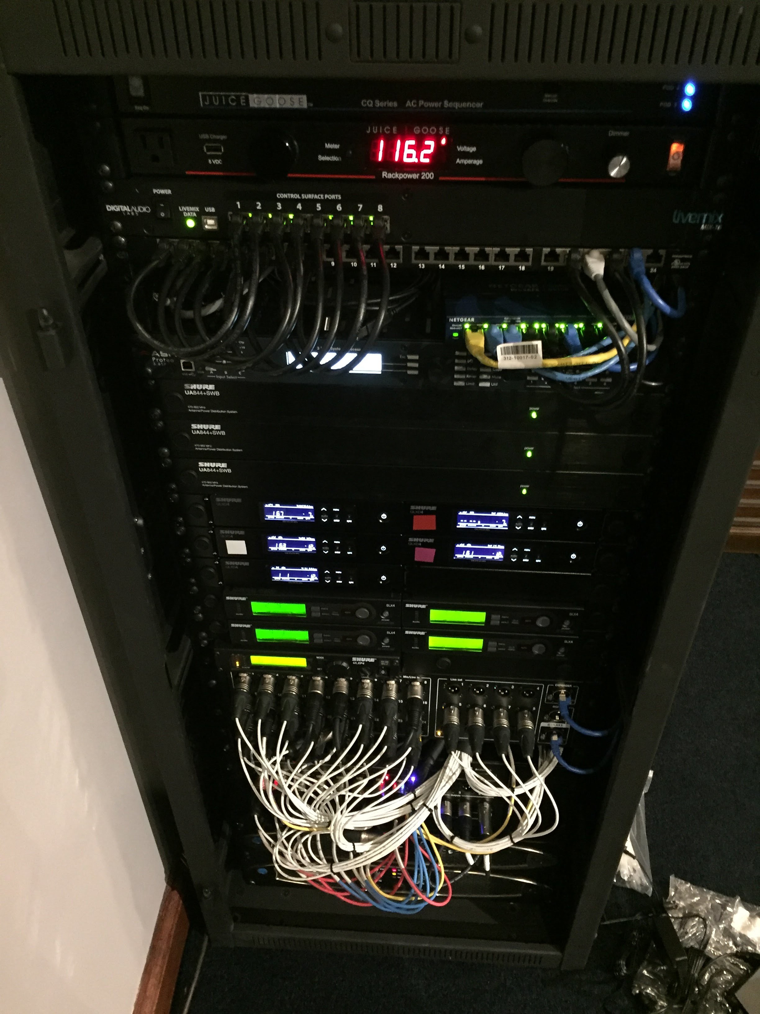 Rack with more Shure QLXD's and newly installed floor box connections