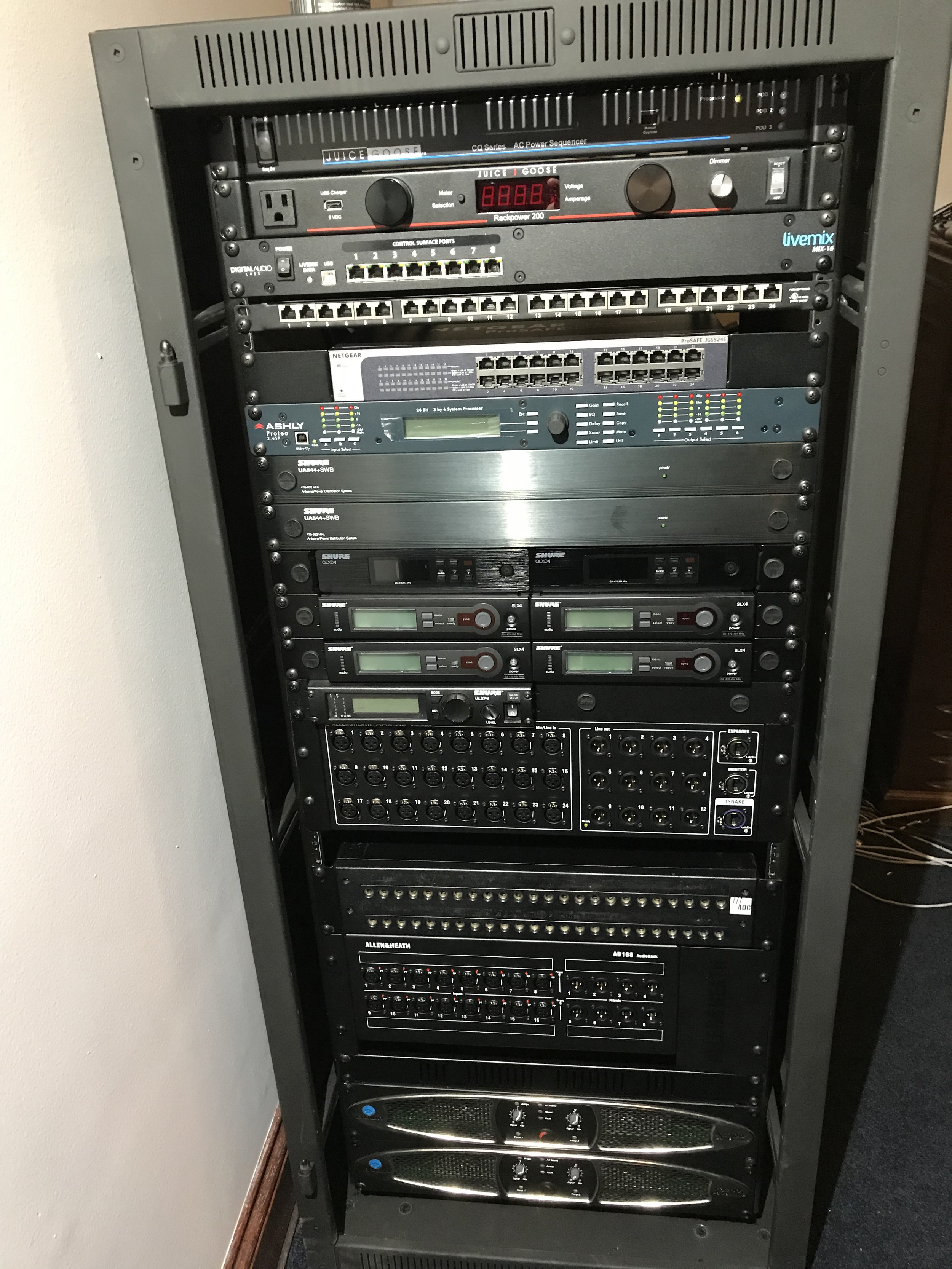 Moved wireless distro into new rack and install stage boxes/amps
