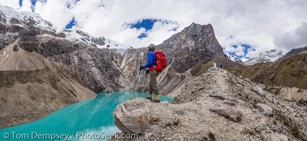 Panoramic of Lake Jancarusish, hiking around Mtn. Alpamayo. Photography by NP's traveler, Tom Dempsey
