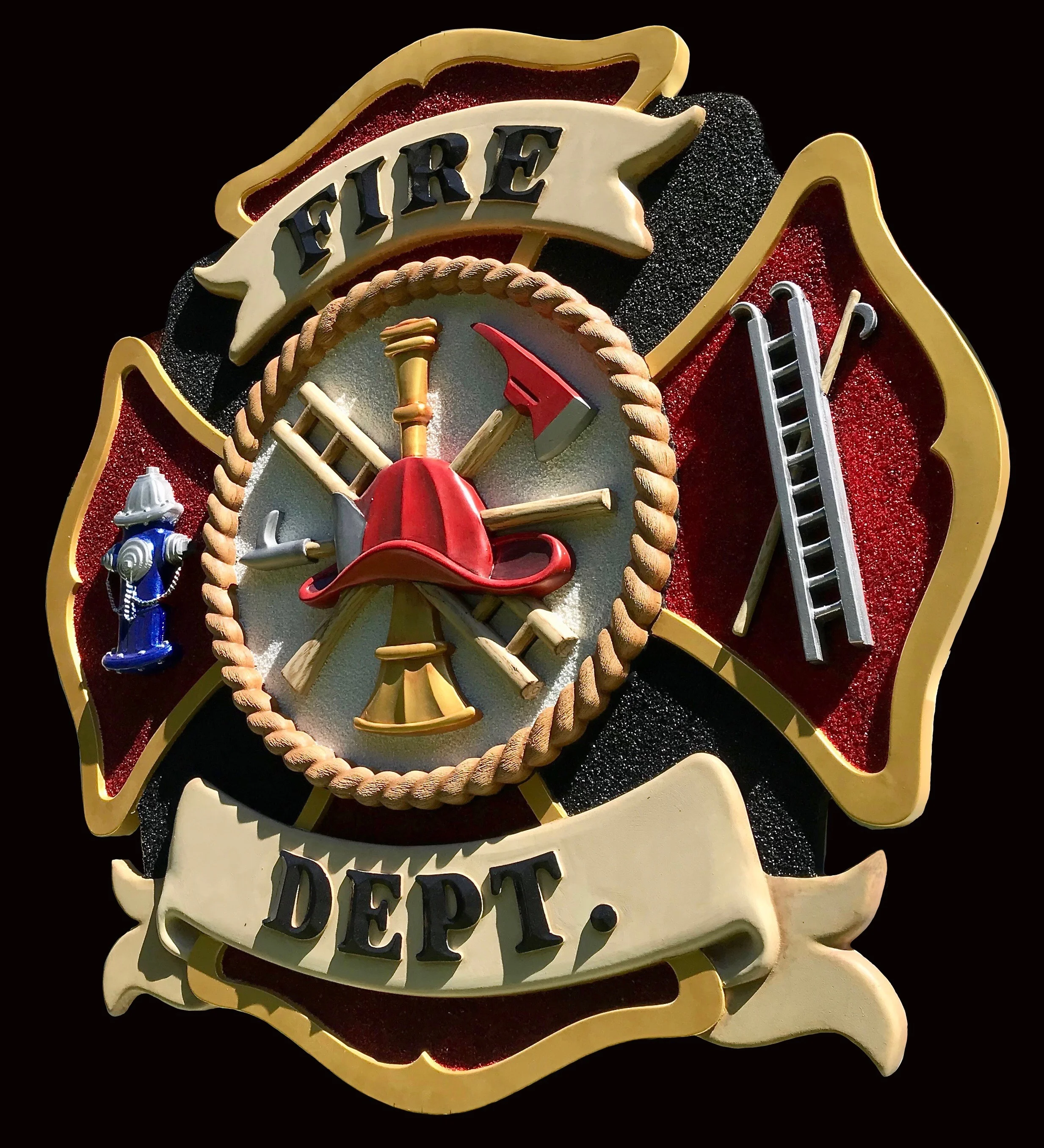 Our Custom Sign for Chatham Township FD is really comming along with the Maltese Cross now completed. Each of the raised elements has been hand finished with multiple layers of paint and glaze against a sparking background of crushed glass smalts imported from Germany.