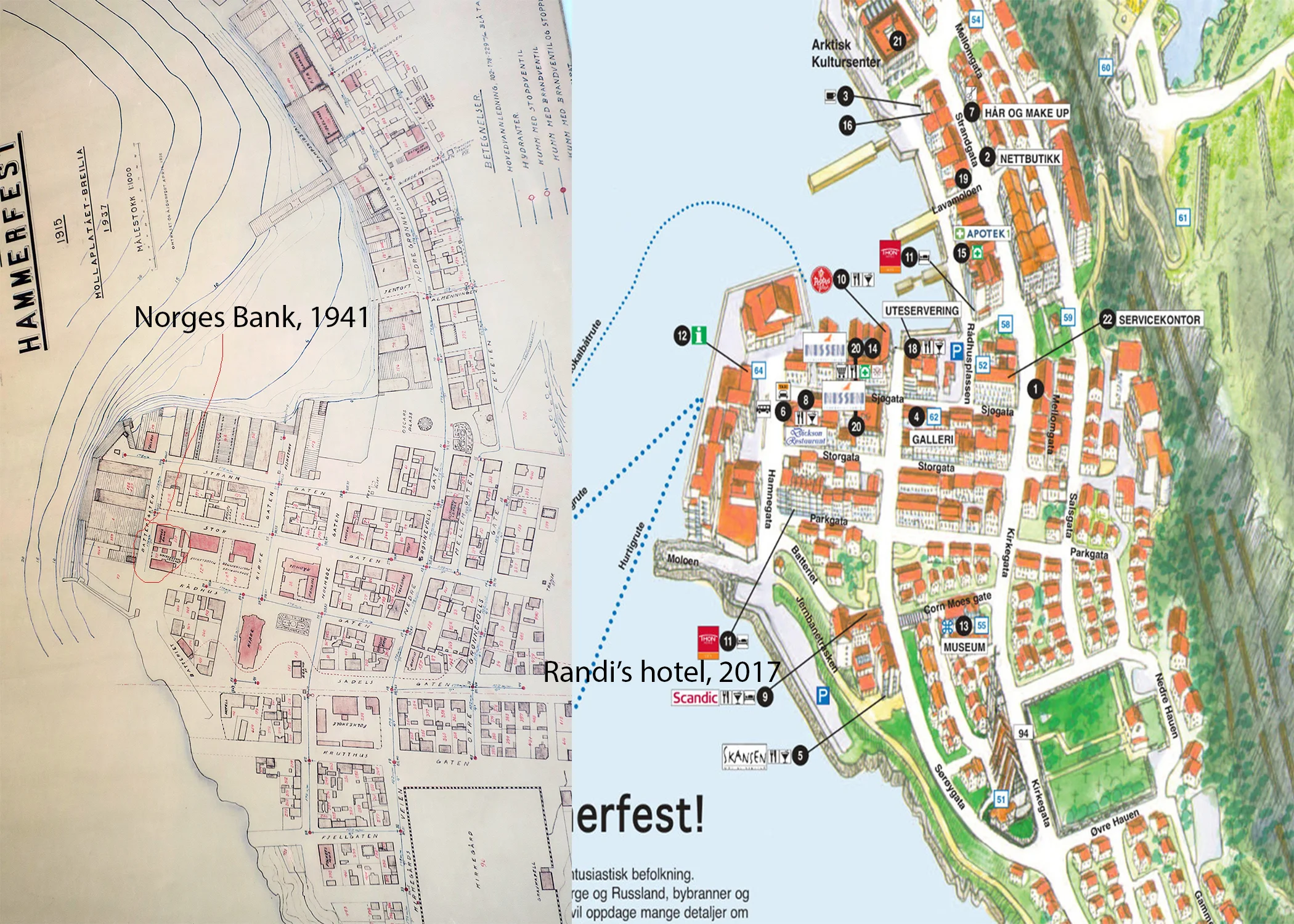 Left: Map of Hammerfest, 1937 (circled where Norges Bank was located, and Right: Modern map