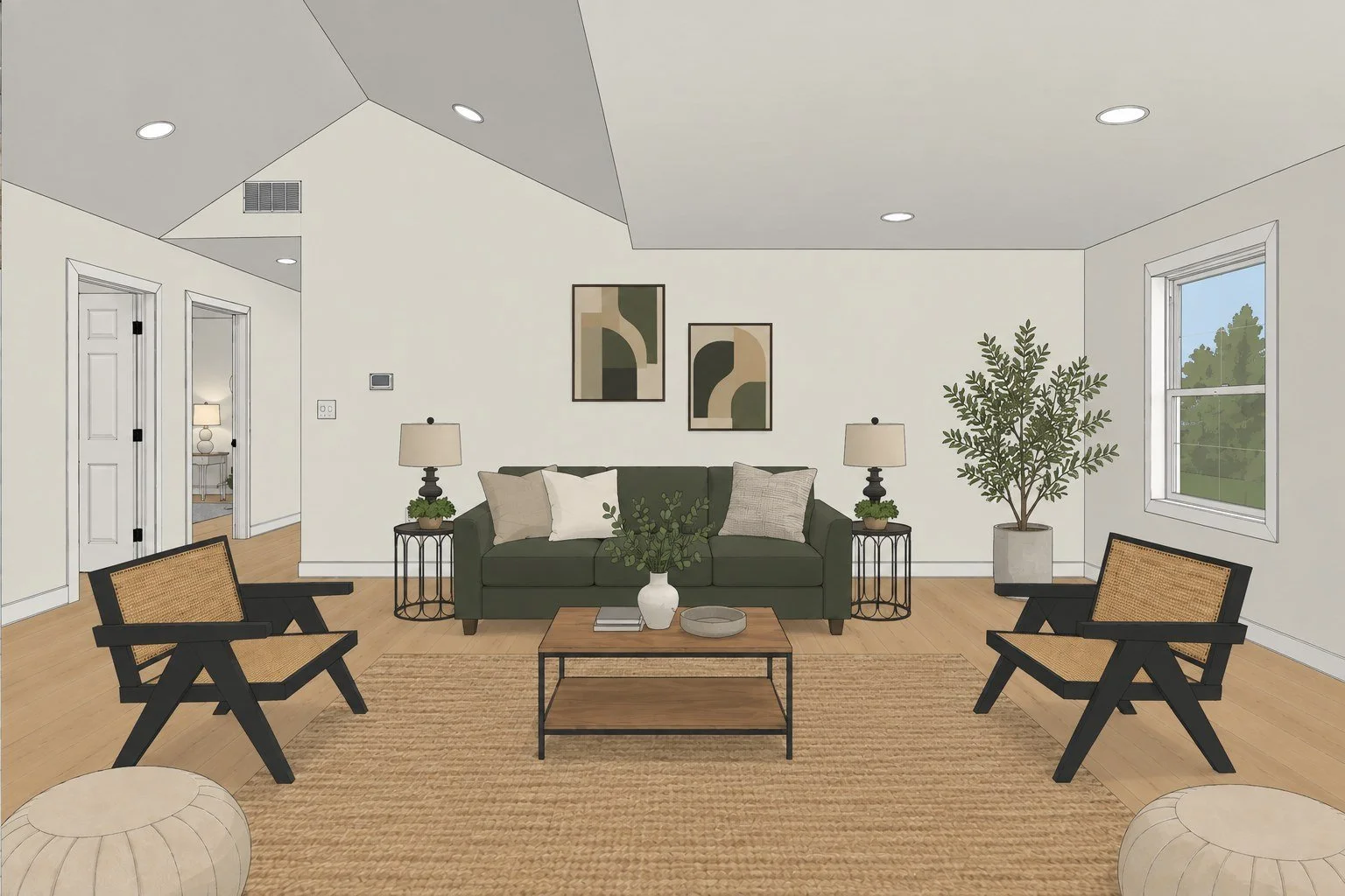 3D design rendering of a renovated living area with vaulted ceiling