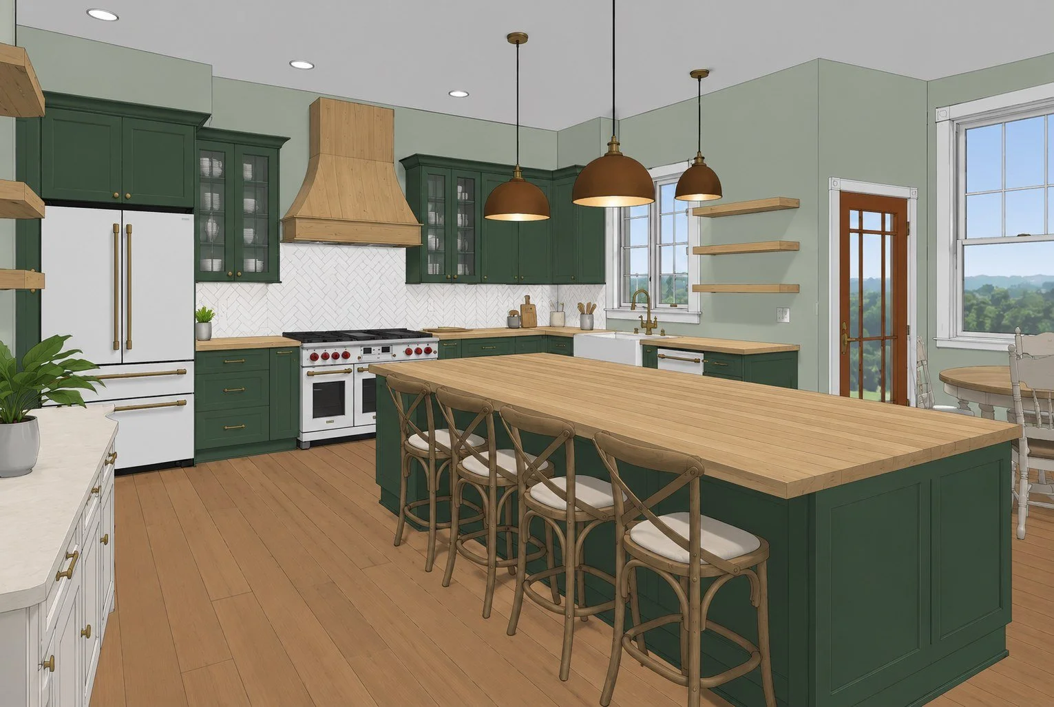3D design rendering of a green kitchen remodel with butcher block island and wood range hood