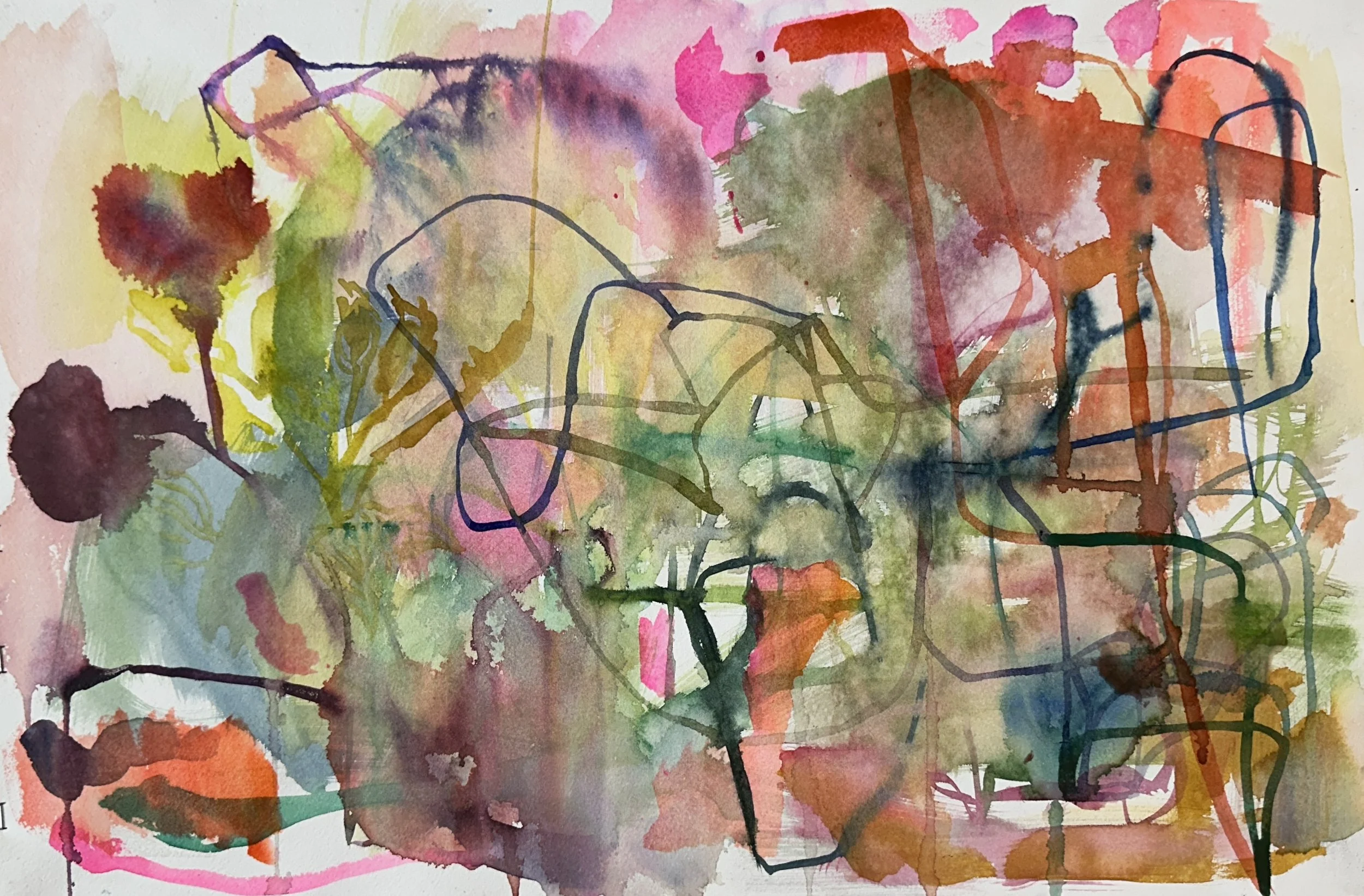Abstract watercolor painting with vibrant splashes of color and black and colored lines creating an expressive, chaotic composition.