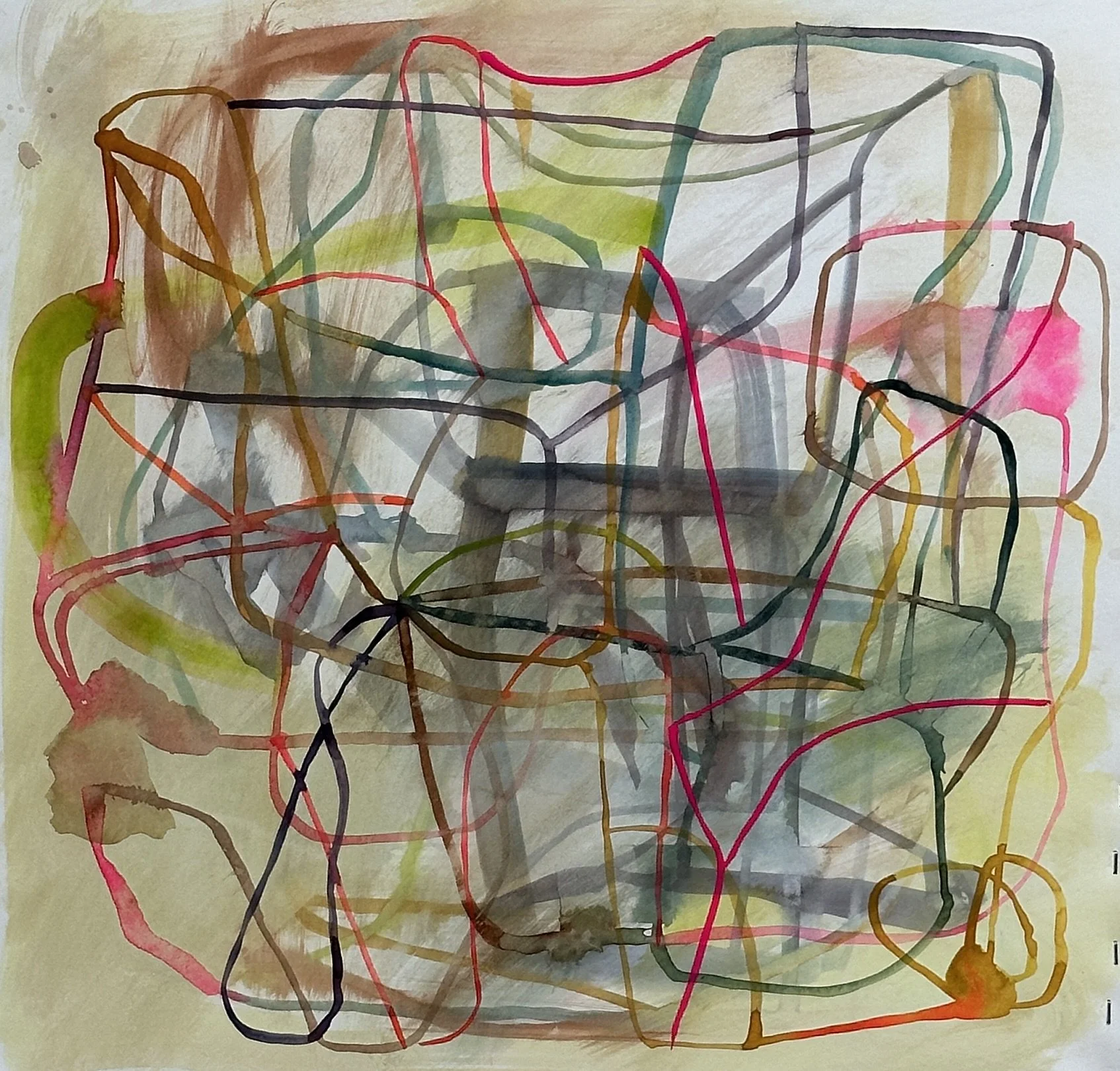 Abstract watercolor painting with overlapping colorful lines and shapes in shades of red, green, yellow, black, and gray.